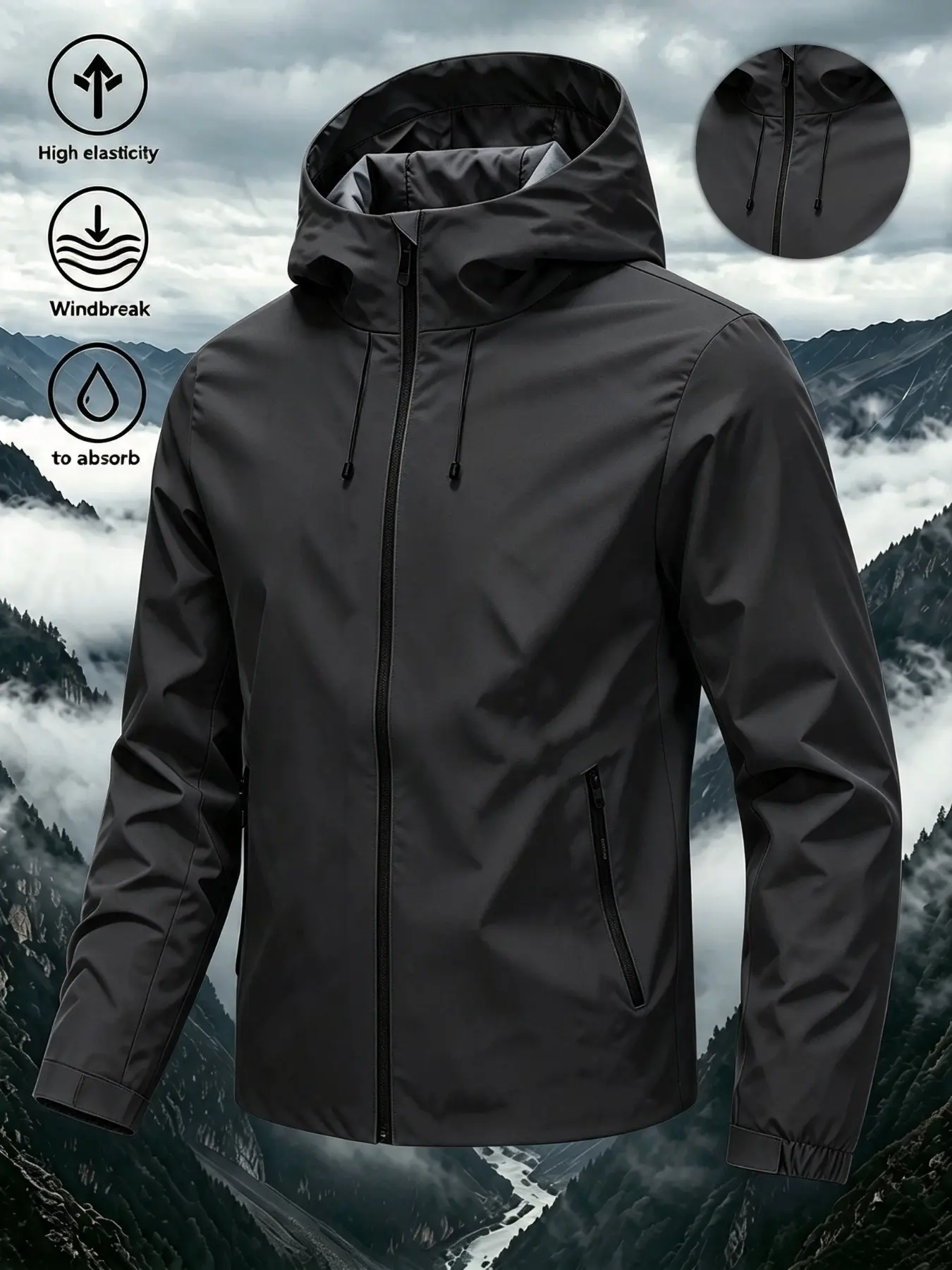 Men Women 4 Seasons Hooded Windbreaker Jacket, High Elastic Waterproof Windproof Water Absorb Lightweight Relaxed Fit Long Sleeve Zip Up Rain Coat With Zipper Pockets, Casual Gorpcore Rare Aesthetic Street Outerwear For Hikers Campers City Commuters, Idea