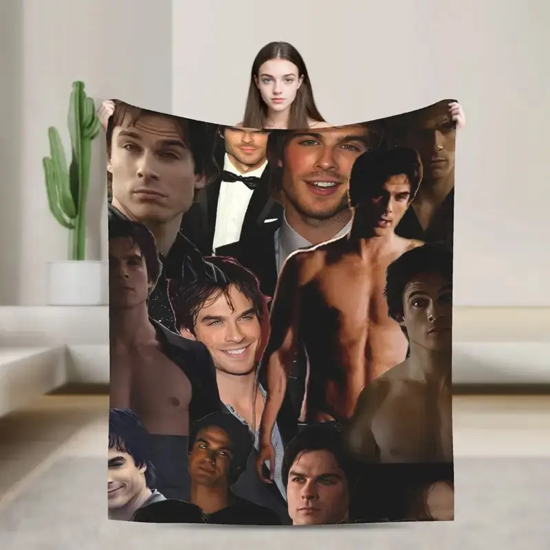Ian Somerhalder Damon Salvatore Photo Collage Flannel Throw Blanket Multiple Character Portrait Montage Black Background Soft Fleece Blanket Vampire Drama Fan Sofa Decor Gift