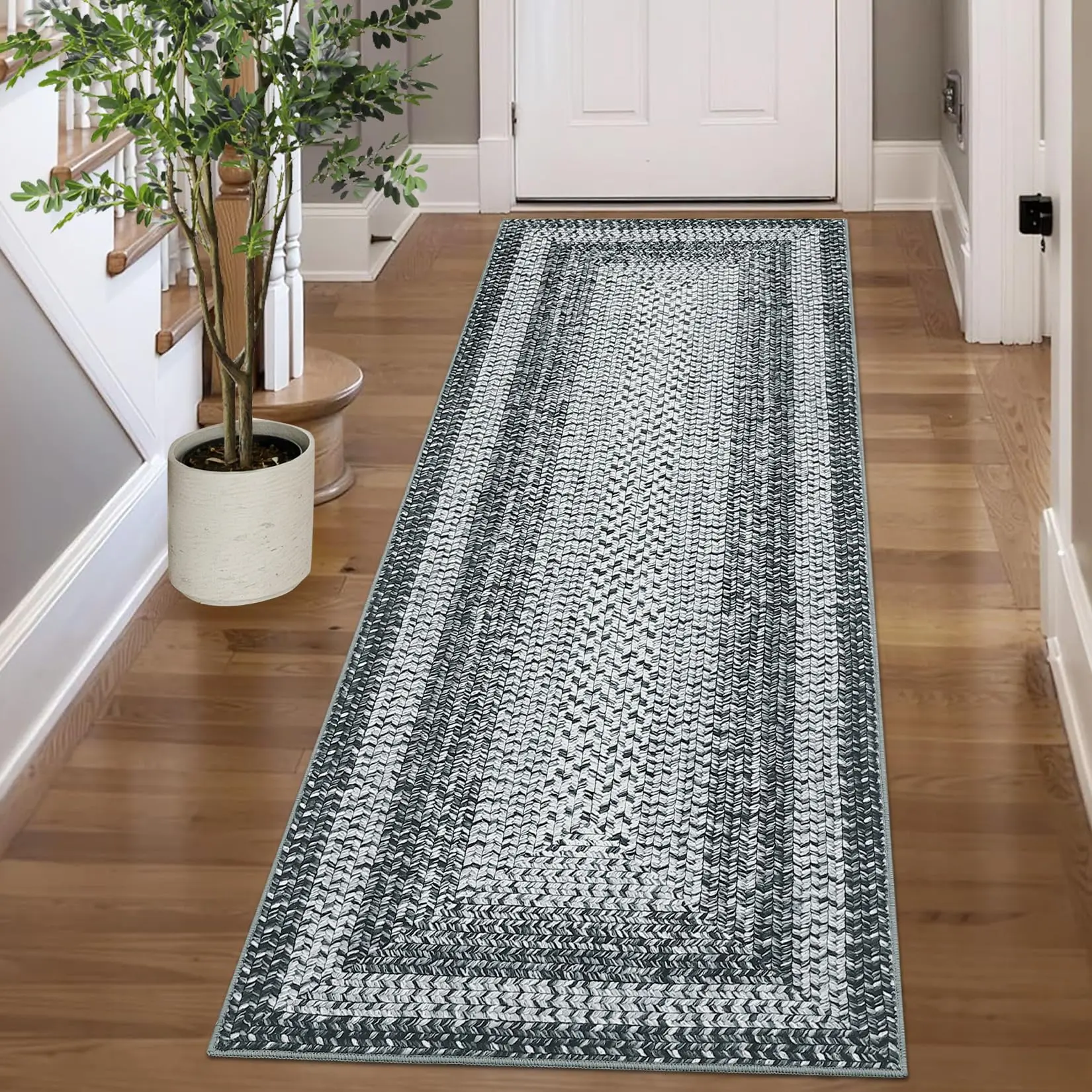 Machine Washable Foldable Runner Rug Pearl Velvet Woven Look Grid Pattern Non Slip for Hallway Entryway Gray Blue 2x6 ft