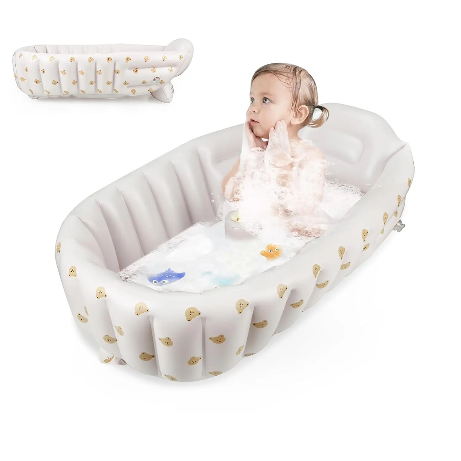Inflatable Baby Bathtub with Integrated Built-in Air Pump - No External Pump Needed, Non-Slip Portable Toddler Bath Tub, Travel-Friendly Foldable Infant Tub  Newborns to 24 Months(Bears)