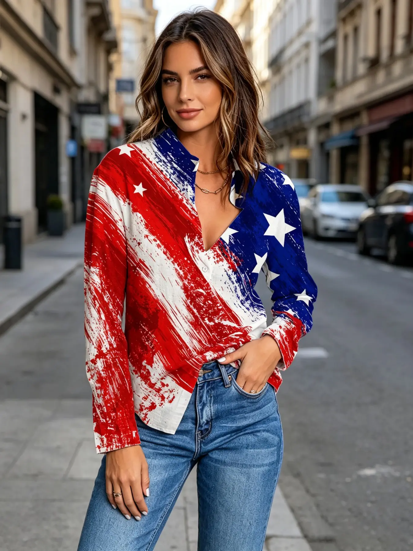 2026 New Women's Watercolor Graffiti American Flag Collar Shirt, July 4th Patriotic Retro Long Sleeve Top, Casual Loose-Fitting Blouse
