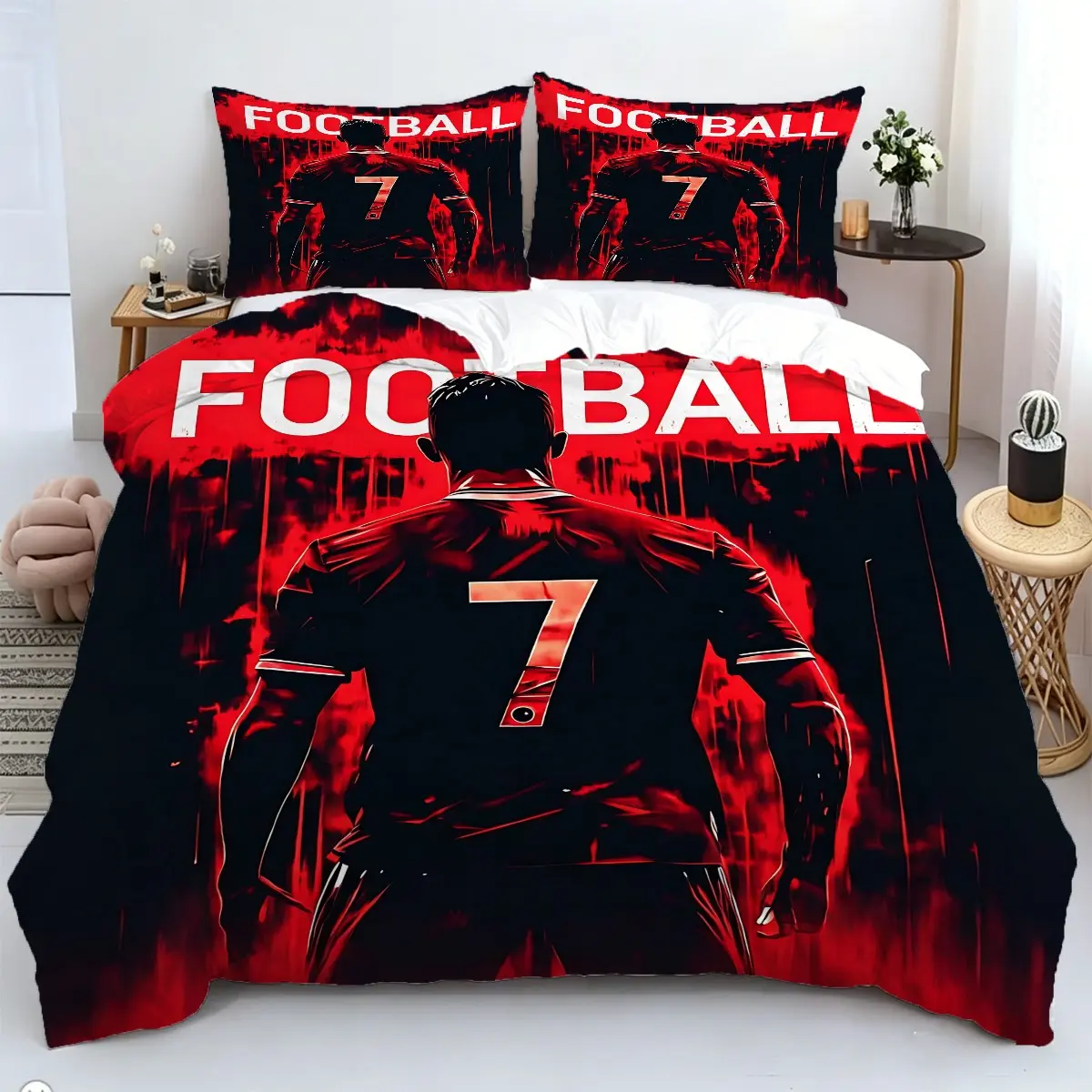 2/3 Piece Football Themed Duvet Cover Set, Decorative Duvet Cover, Football Star Printed Bedding Set, Soft And Breathable, 1 Duvet Cover And 1/2 Coreless Pillowcase, Zipper Closure, Suitable For Children And Adults Bedroom Decoration