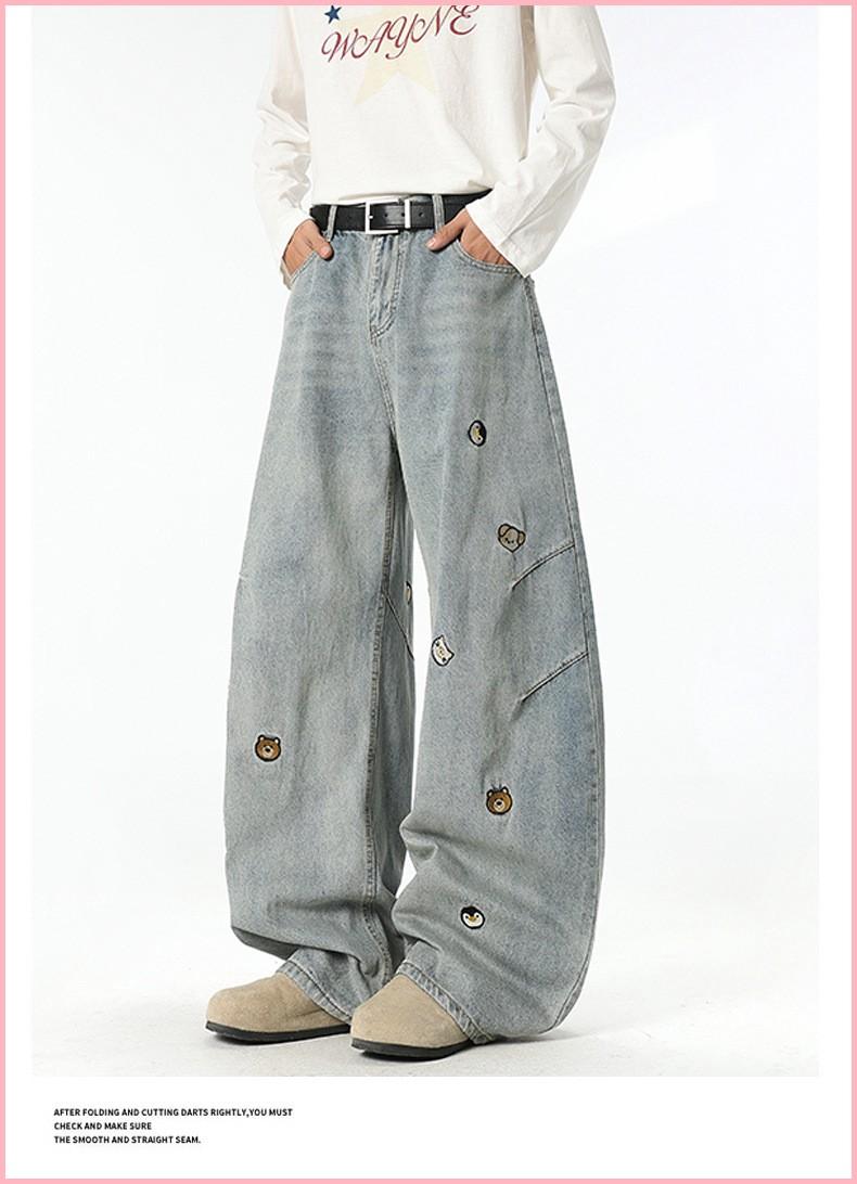 American High Street Trendy Brand Cartoon Embroidered Versatile Distressed Scimitar Pants Wide Leg Pants Straight Jeans