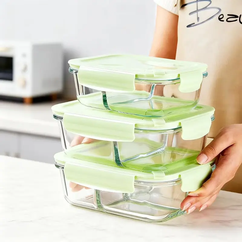 High Borosilicate Glass Food Container Microwave Oven Safe Lunch Box Divided Bento Box for Office Workers Students Fruit Storage