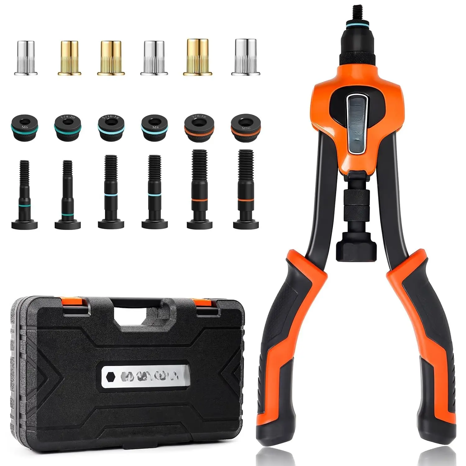 Rivet Nut Tool Kit, 14" Rivnut Tool with 80 Rivet Nuts & 6 Mandrel | M6, M8, M10, 1/4-20, 5/16-18, 3/8-16 | -Change | Color-Coded | Durable Rugged Case | For DIYer, Hobbyist,  mechanic