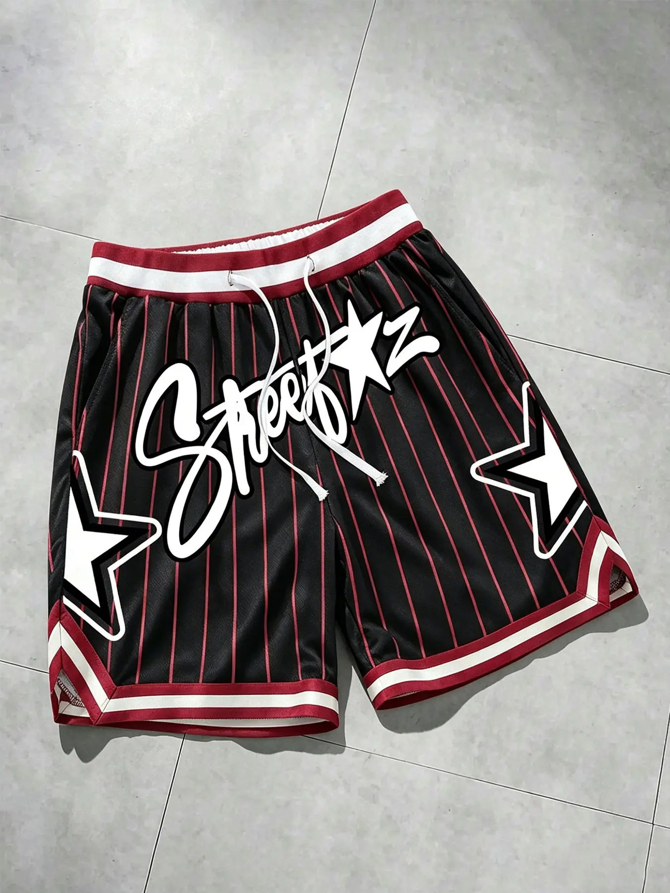 Striped Streetz Loose Basketball Shorts, Graffiti Font + Star Decorations, Breathable Mesh Fabric, Vintage Street Style, Mesh Casual Shorts, Graphic Casual Shorts, Casual Sporty Shorts, Summer Sports Shorts