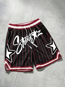 Striped Streetz Loose Basketball Shorts, Graffiti Font + Star Decorations, Breathable Mesh Fabric, Vintage Street Style, Mesh Casual Shorts, Graphic Casual Shorts, Casual Sporty Shorts, Summer Sports Shorts
