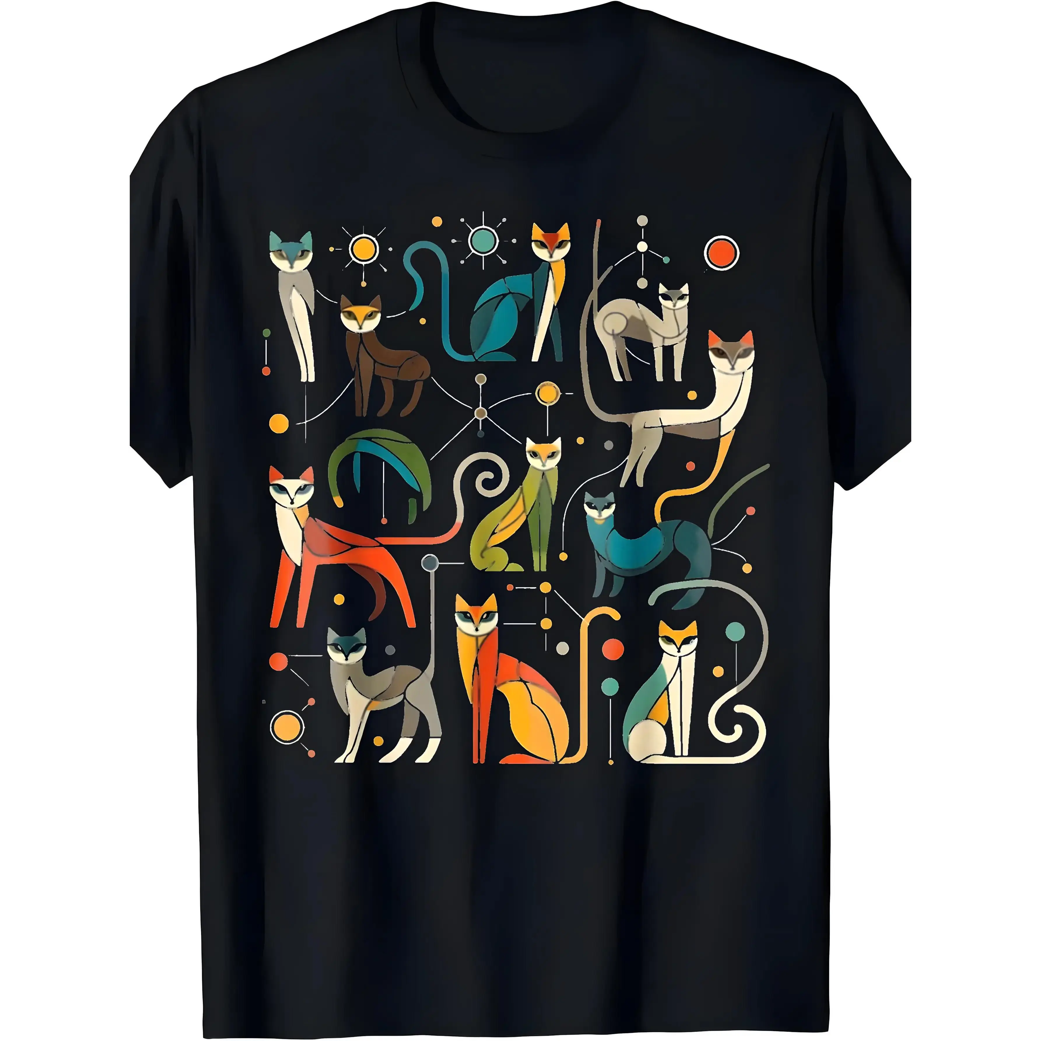 Unisex Plus-Size Classic Breathable Cotton T-Shirt - Retro 60s/70s Crew Neck Short-Sleeve Loose-Fit Top, Multi-Color Geometric Cat Design with Tabby & Tuxedo Patterns, Machine-Washable Casual Wear Sports Top, Streetwear