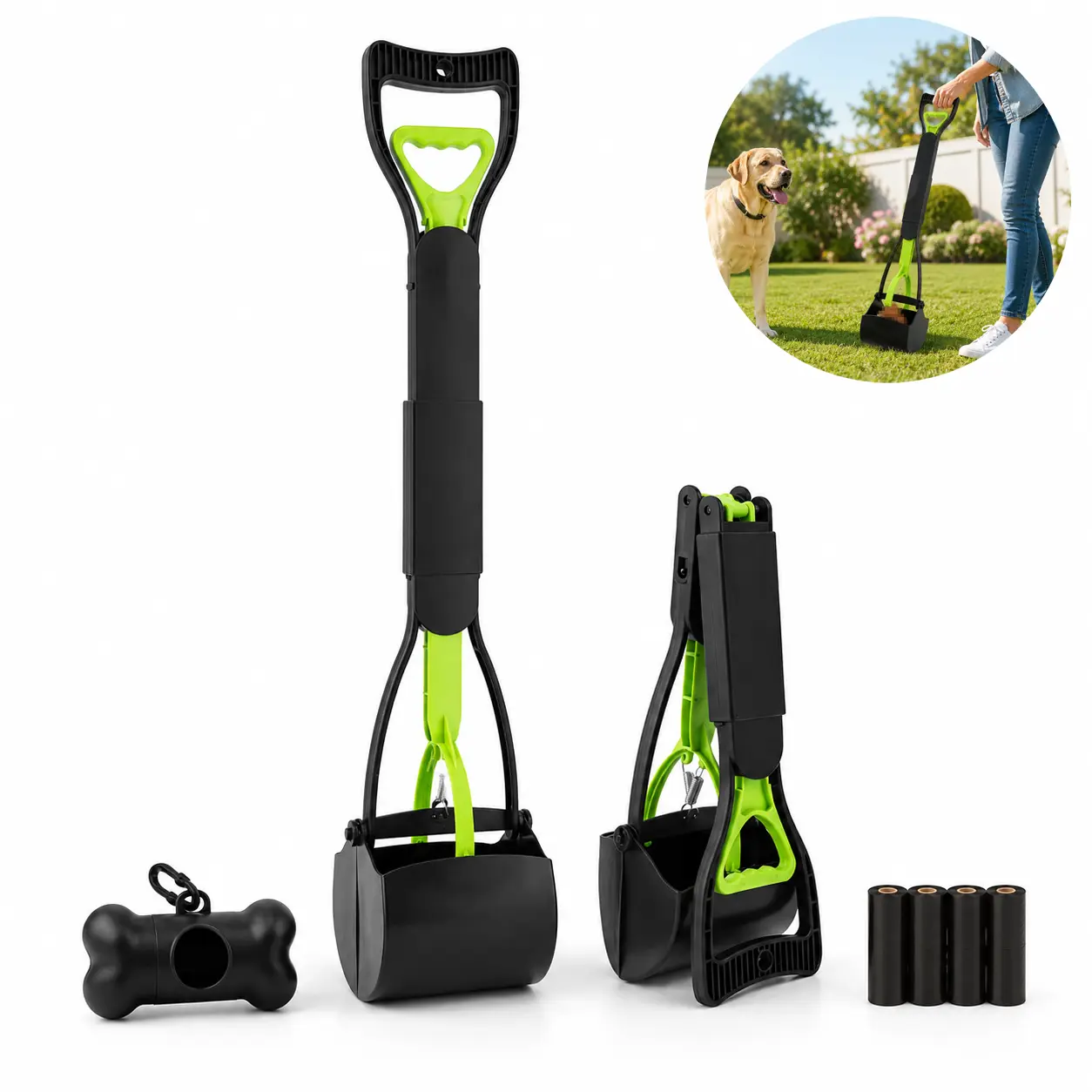 Dog Poop Picker Set |   Long Handle Pet Poop Scooper with Waste Bag Storage Box, Complete Kit for Dogs & Cats