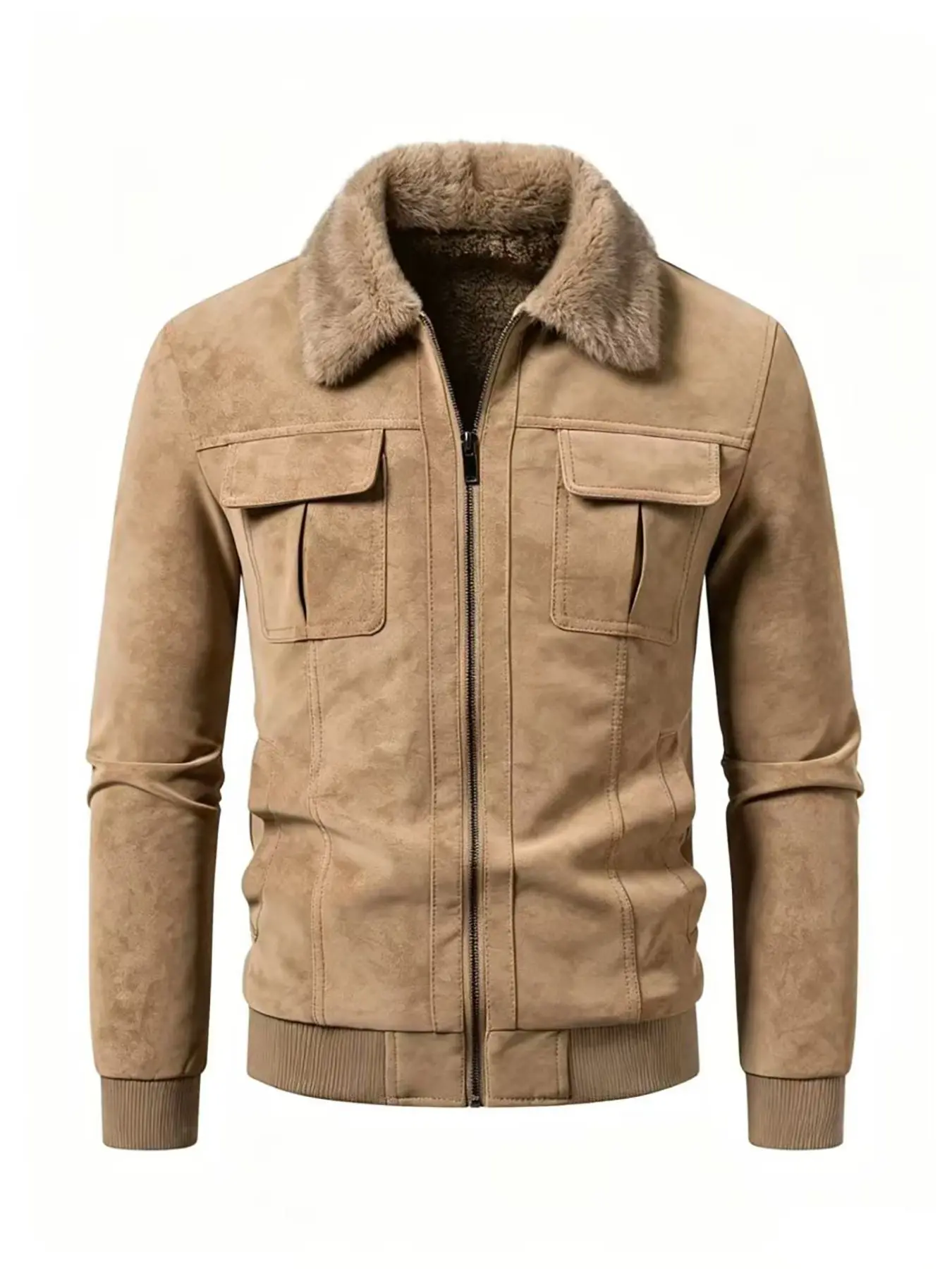 Men's Winter Warm Fleece Lined Jacket, Single Piece Zipper Outerwear, Cozy Fur Collar Coat for Cold Weather