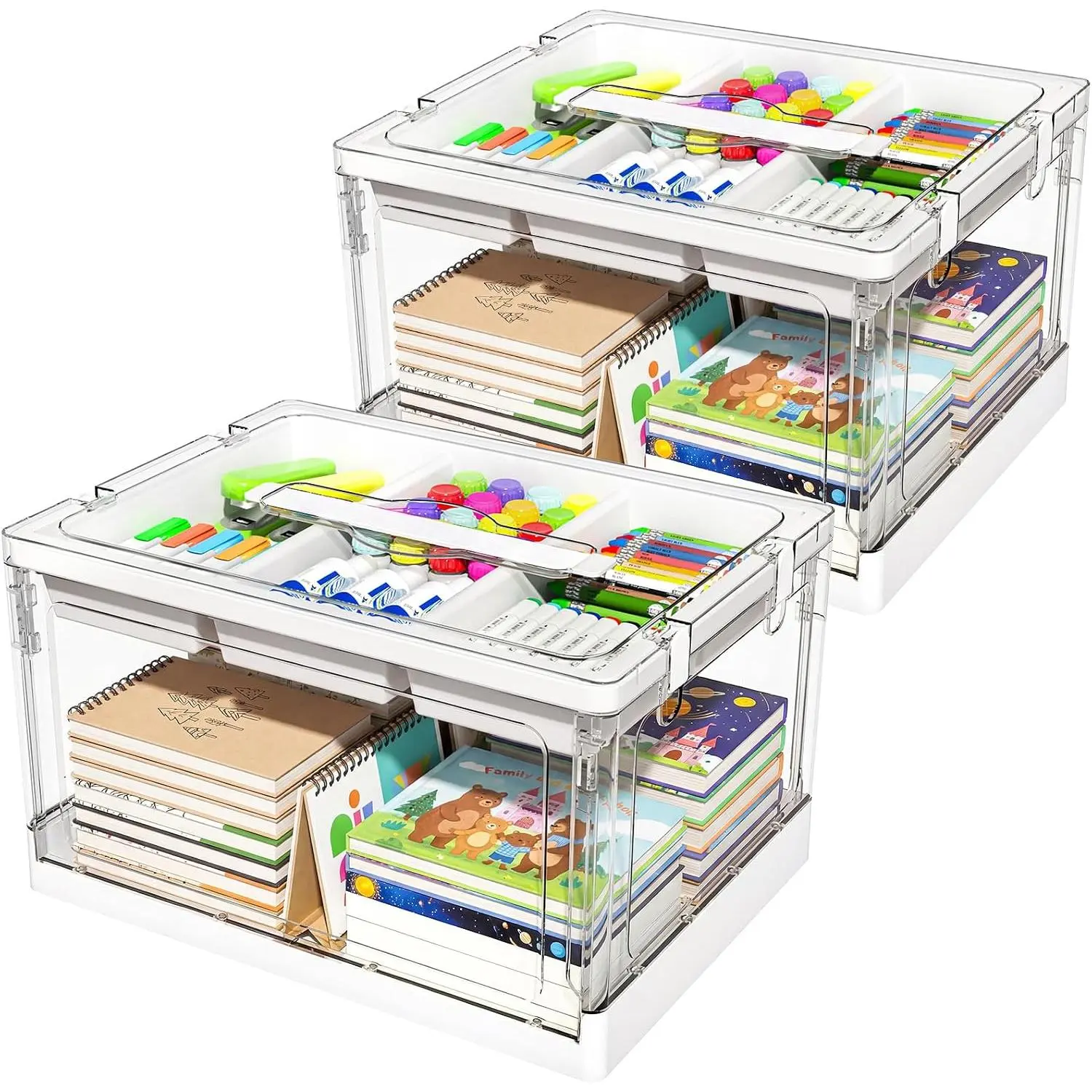 24QT 2Packs Clear Craft Organizers and Storage with Trays, Art Supply Organizer and Storage, Craft Storage Box with Lid for Beads, Markers, Coloring Books, Sewing, Playdoh and Tools