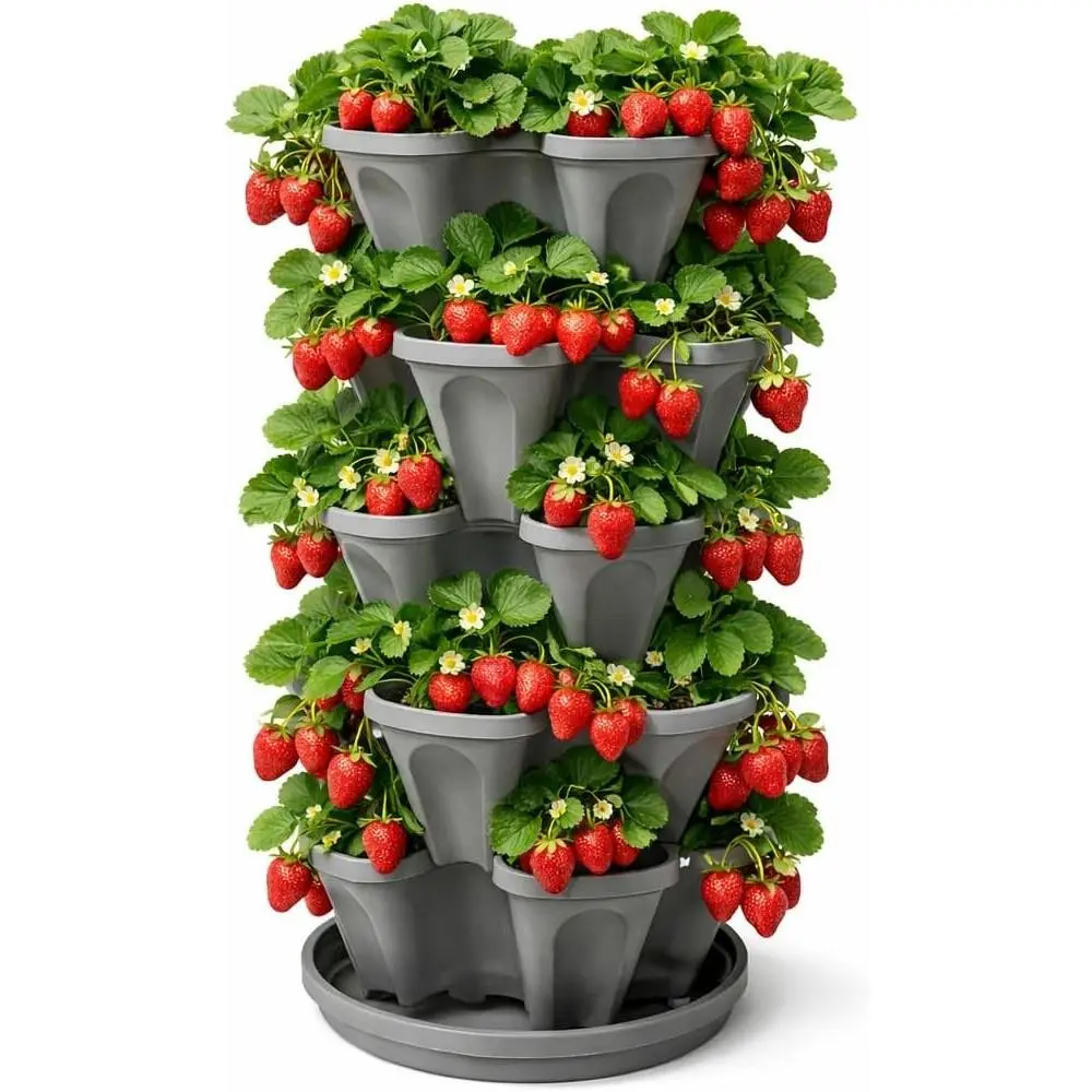 5-Tier Stackable Strawberry Garden – 24 Quart Indoor / Outdoor Stacking Planter with Drip Saucer – Grow Herbs, Strawberries, and Flowers from The Kitchen or Backyard – Plant and Stack! Easy Gardening