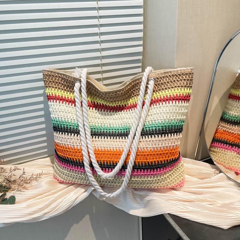 2026 New Women Fashion Shoulder Bag Rainbow Striped Color Block Straw Bag Large Capacity Beach Bag for Vacation