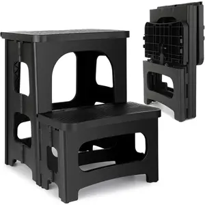 Non Slip 2 Step Folding Stool 250 lb Capacity 8 and 17 Inch Dual Height Portable Foldable Foot Stool for Kitchen Bathroom Black