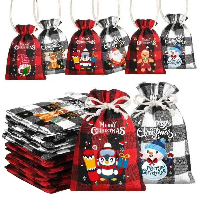 6/12/18pcs Christmas Burlap Gift Bags Set – Buffalo Plaid Drawstring Treat Bags, Rustic Jute Candy Sacks, Holiday Party Favors, Advent Calendar Bags, Christmas Gift Wrapping Essentials, Rustic Christmas Decor, Reusable Xmas Goodie Bags