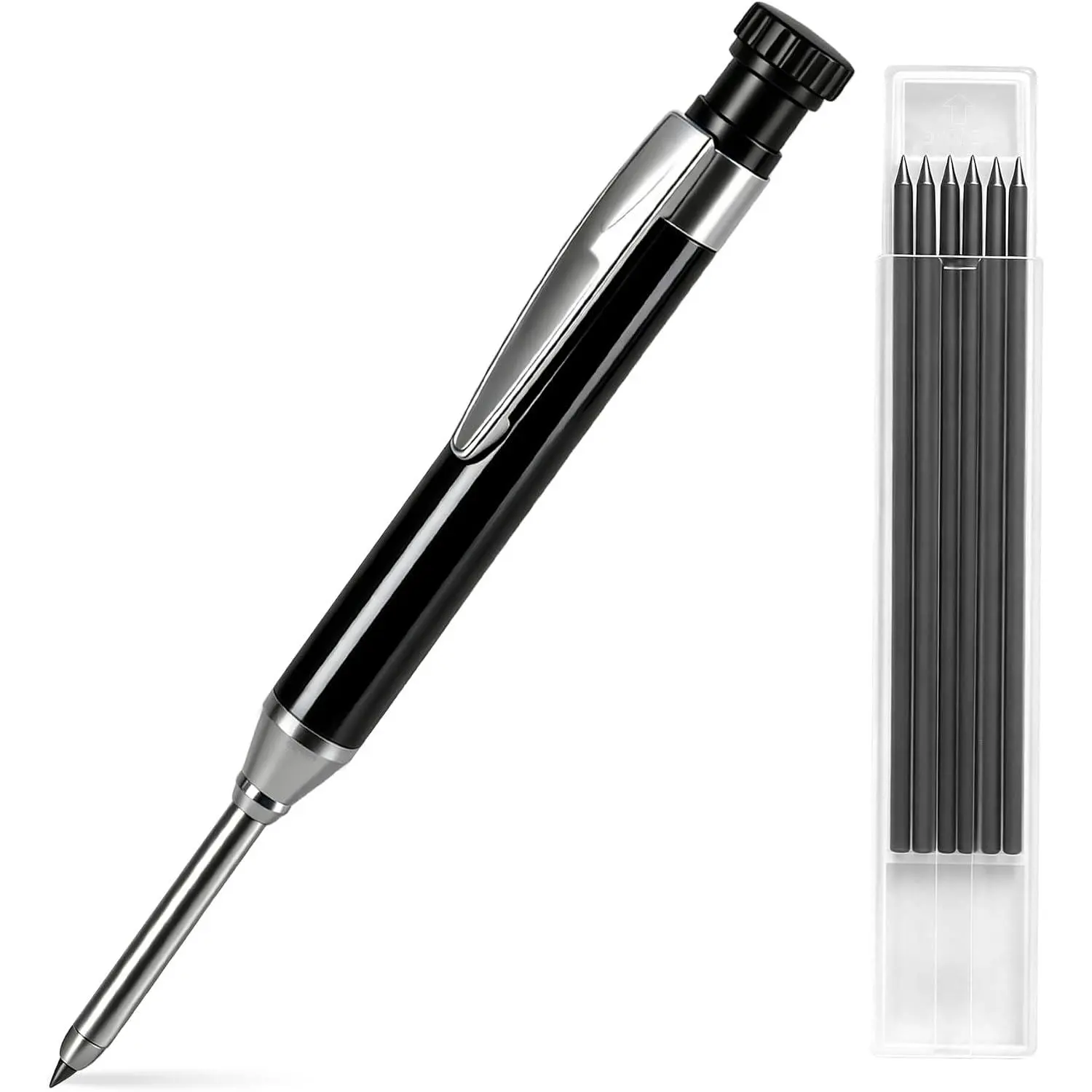 2.8mm Carpenter Pencils with 7 Refills, -in Sharpener Long Nib Deep Hole Construction Pencil, Metal Drafting Pencil Set for Carpenter Scriber Woodworking Architect (Black)