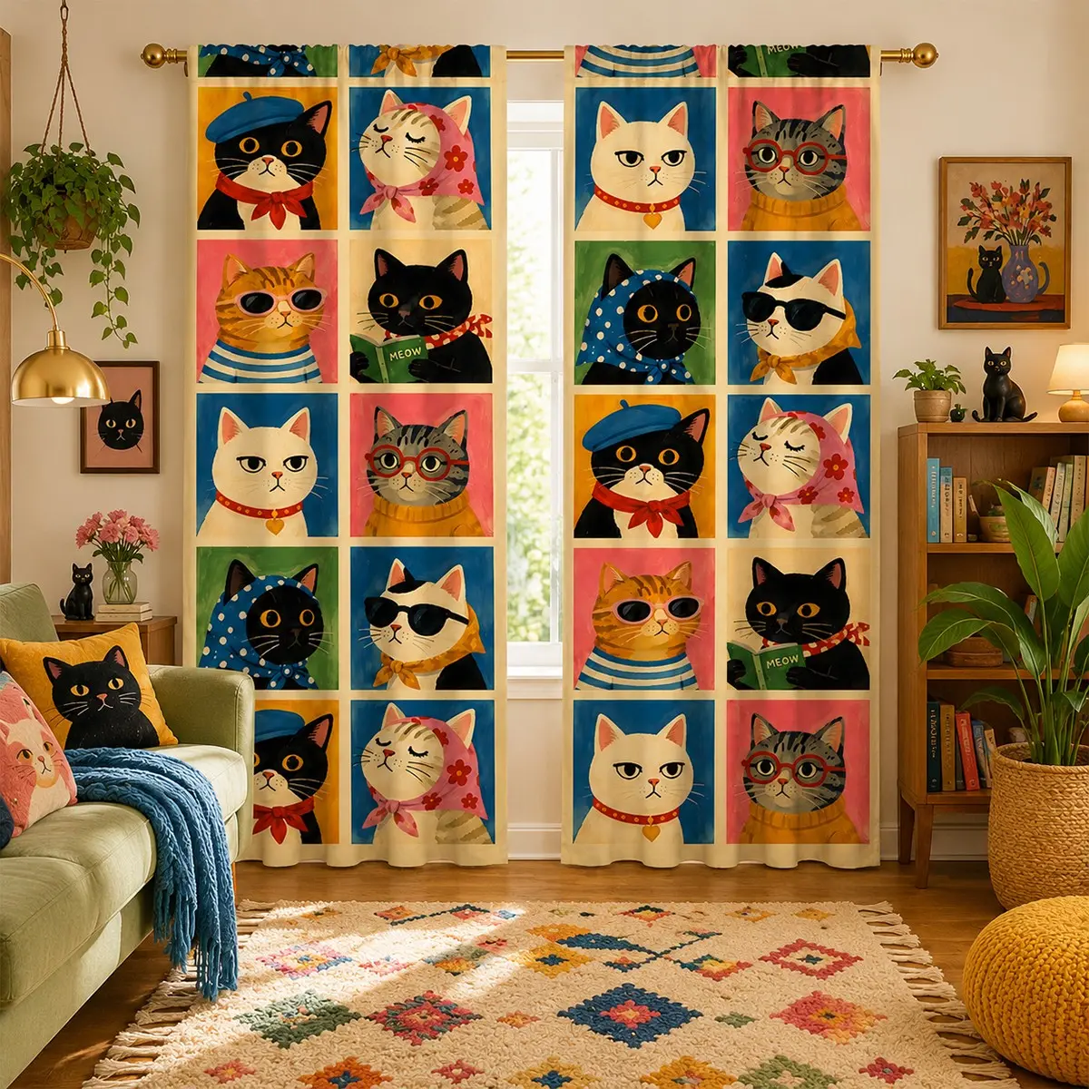 Set of 2, polyester material, featuring a playful cartoon cat grid pattern, light-filtering curtains; suitable for bedrooms, living rooms, offices, and home decor; rod pocket design for easy installation on a curtain rod.