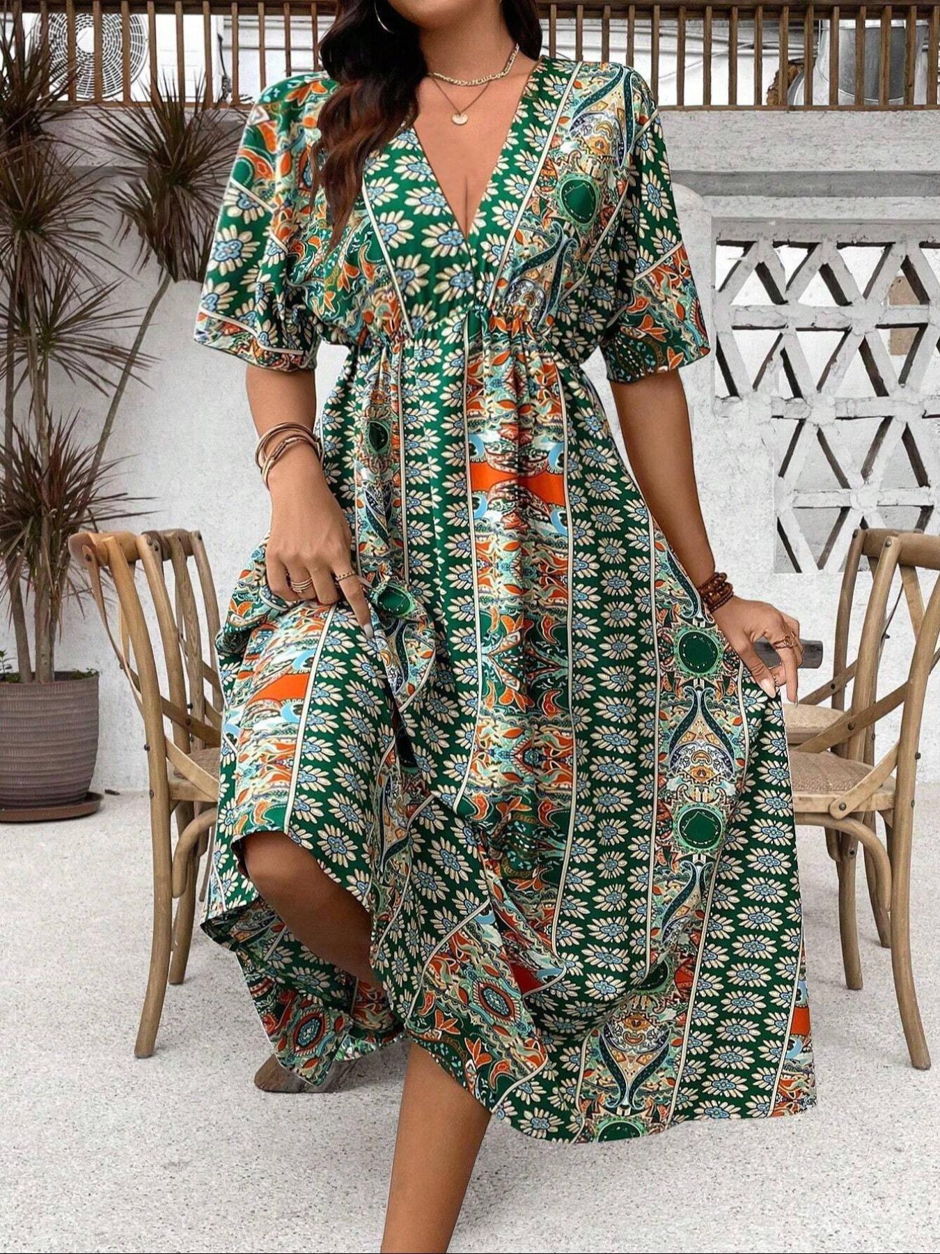 Plus Size Ethnic Pattern Ruched V Neck Dress, Bohemian Casual Floral Print Batwing Half Sleeve A-Line Dress for Summer, Women's Clothes for Beach Holiday Plus Size Ethnic Pattern Ruched V Neck Dress, Bohemian Casual Floral Print Batwing Half Sleeve A-Line Dress for Summer, Women's Clothes for Beach Holiday