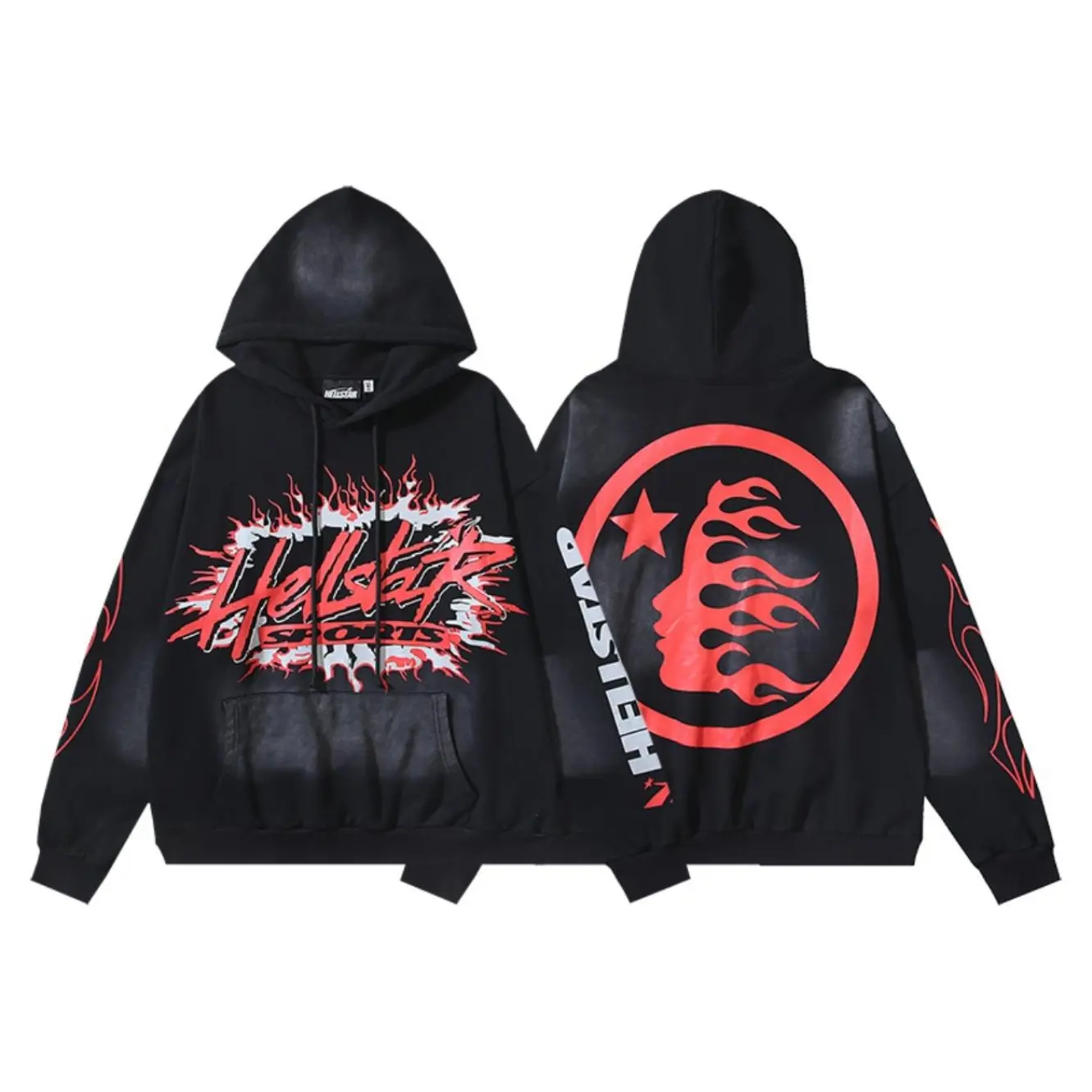 Hellstar Men Vintage Acid Washed Pullover Hoodie Oversized Retro Graphic Print Hooded Sweatshirt, Y2K Hip Hop Gothic Streetwear Casual Tops for Men Teens, Halloween, Music Festival, Concert, Skate & Daily Street Outfit