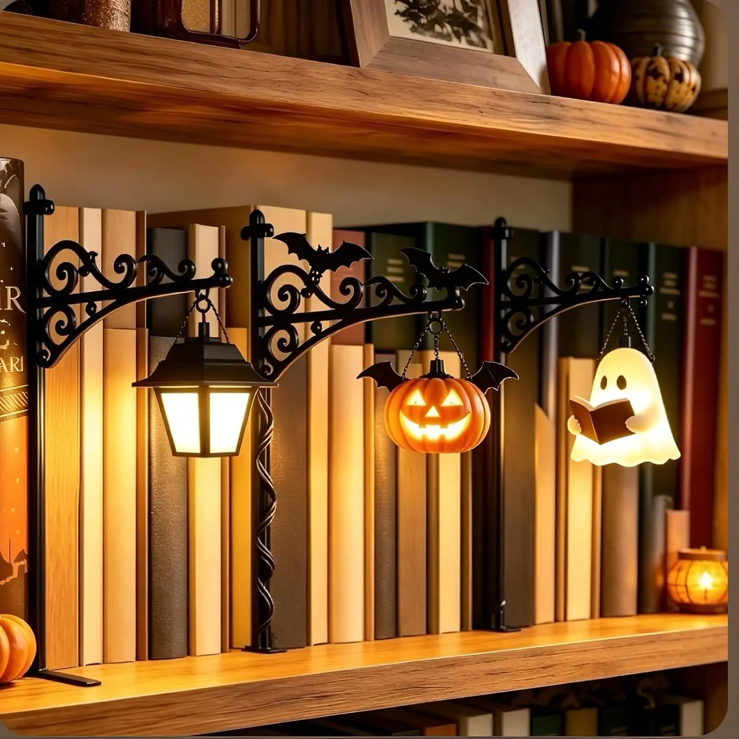 Plastic Mini Size Library Lantern Bookshelf Lamp - Warm LED Nightlight, Halloween Theme Pumpkin Luminaire, Indoor Use Nook Light for Book Lovers