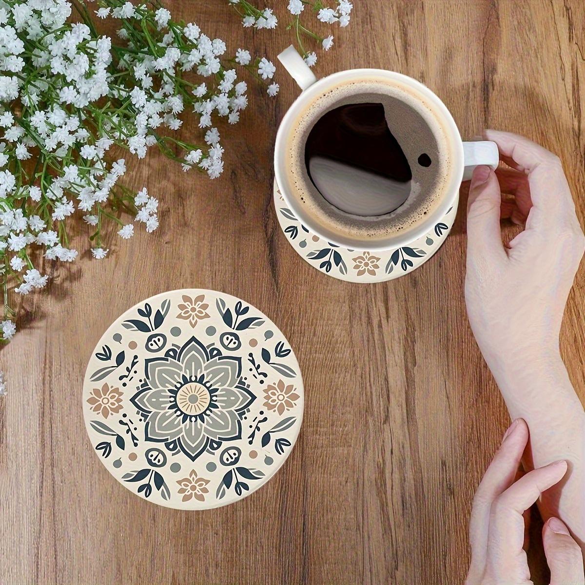 6pcs Bohemian Style Cork Coasters- Hand Washable Wooden Mandala Floral Design, Beige and Navy Blue Home Decoration, Party Gifts, Valentine's Day Mother's Day Gifts, Cute Coasters, Simple Tableware, Durable Fashiona