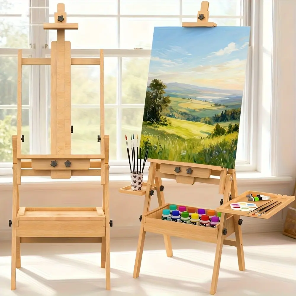 Durable H Frame Easel Made of Solid Beech Wood, Suitable for Both Horizontal And Vertical Use, Featuring Height And Angle, Comes with a Portable Drawer And Storage Tray, Ideal for Outdoor Sketching And Painting Enthusiasts