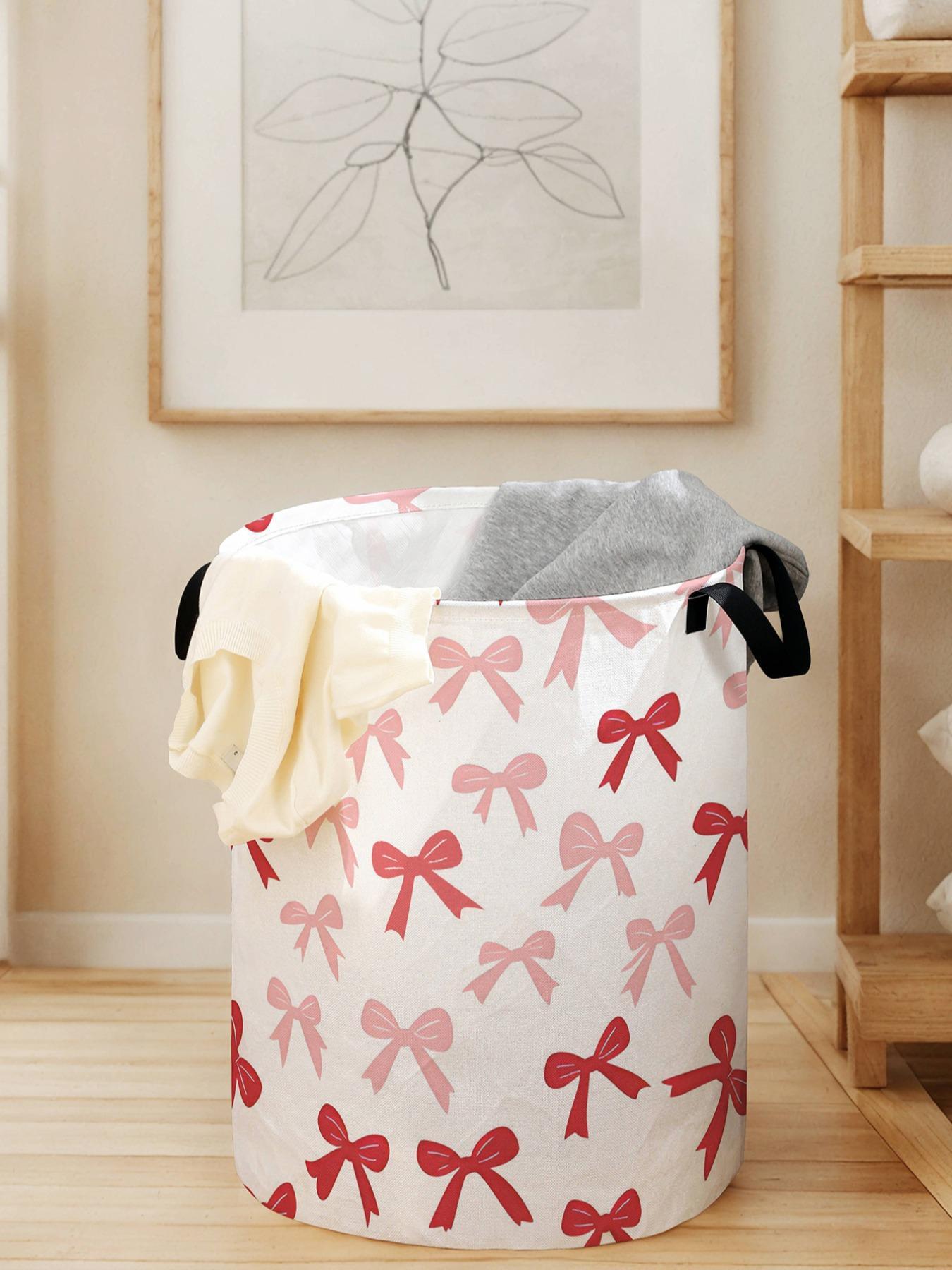 1 laundry basket, laundry basket with handle and printed bow pattern, household foldable laundry basket made of wear-resistant material, large capacity laundry basket, toy storage box