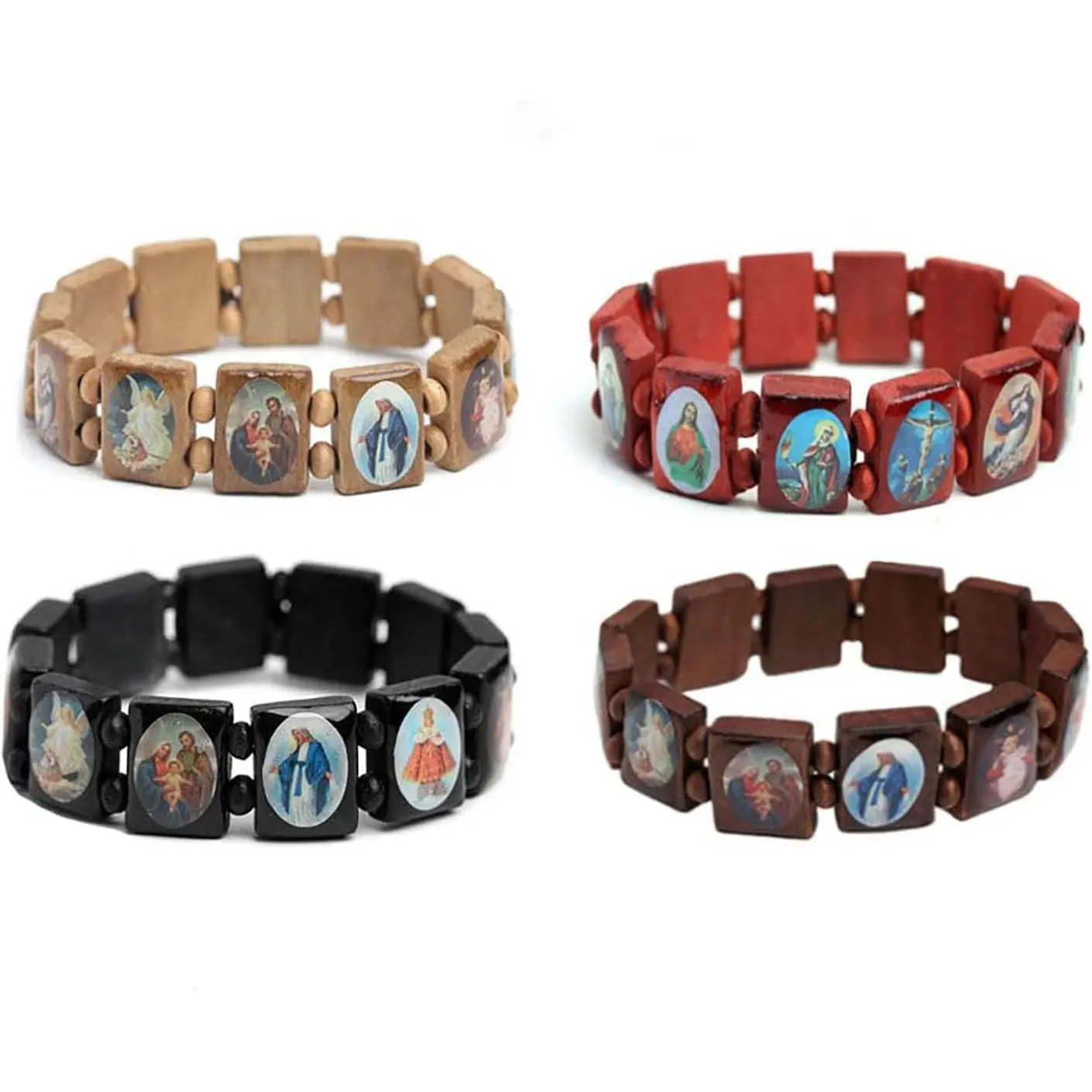 Fnjuucw 4 count Wooden  Bracelet Saints Rosary, Stretchable Wooden Small Panel Bracelet, with Images of Religious Saints   for Men & Women