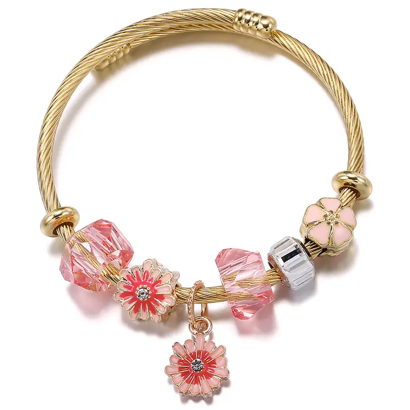 Sweet Fresh DIY Adjustable Open Bangle Bracelets For Women Daisy Flower Charm Metal Beaded Bracelets Cute Floral Dainty Stackable Jewelry Couple Matching Bracelet Set Gifts For Her