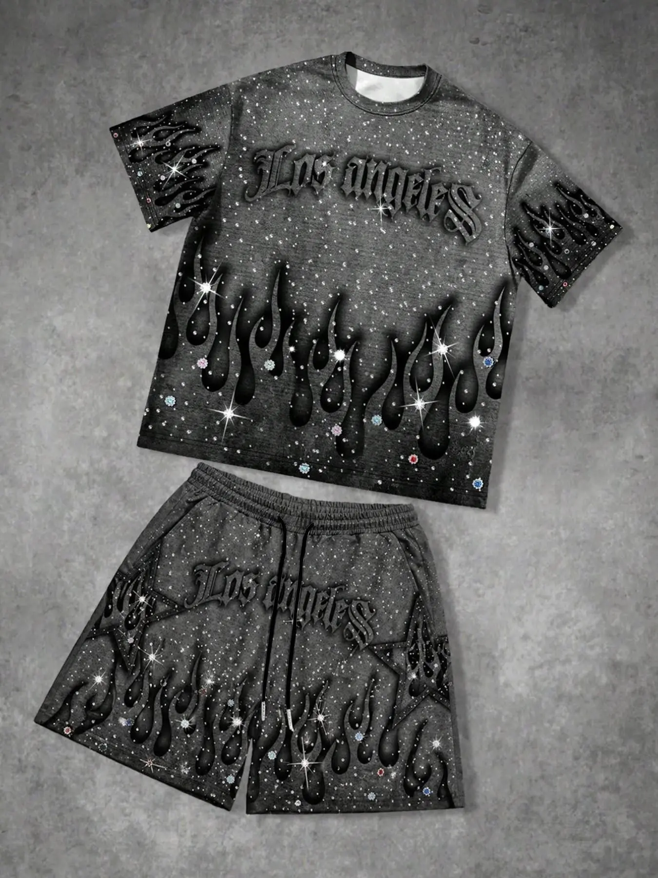 Men's Y2K Dark Grunge Rhinestone Flame Print T-Shirt & Shorts Set | Black Vintage Washed Loose Fit 2-Piece | Streetwear Matching Outfit for Daily & Street Style
