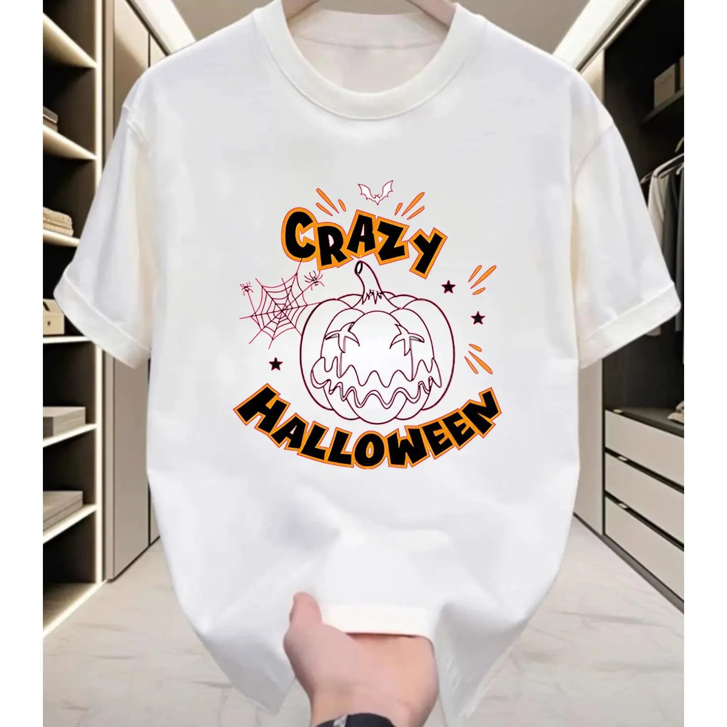 Crazy Halloween Pumpkin Bat Spider Graphic Oversized Cotton Outfit, Comfort Holiday Fashion T-Shirt, Halloween & Valentine Gift, Party Present For Friends Family Spooky Casual Tee
