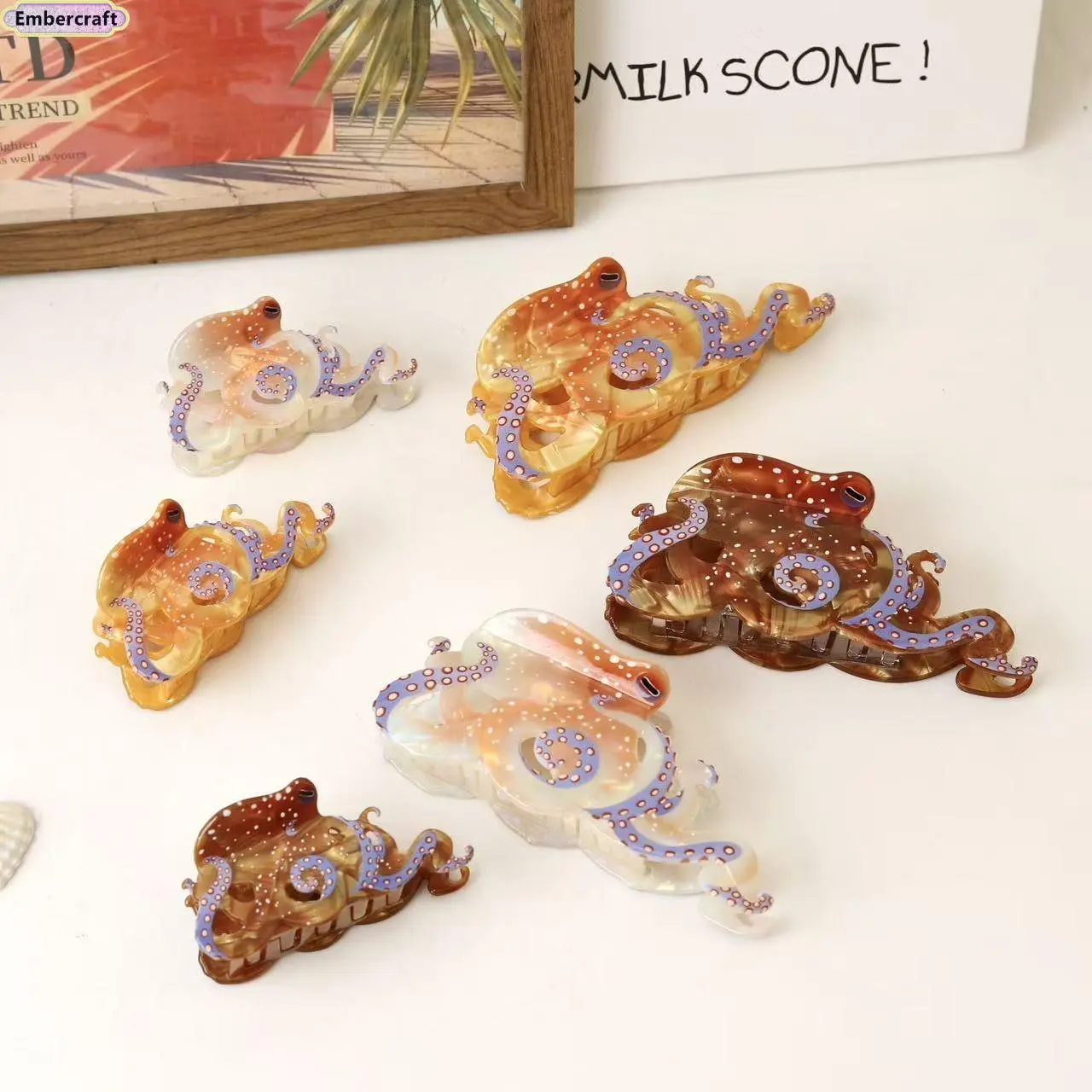 New Ocean Series Octopus Hair Claw Clip for Women – Trendy Blue Ring Sea Animal Hair Shark Clip, Acetate Fashion Hair Jaw Clamp, Strong Hold Claw for Thick Hair, Daily Wear & Beach Vacation Styling Accessory