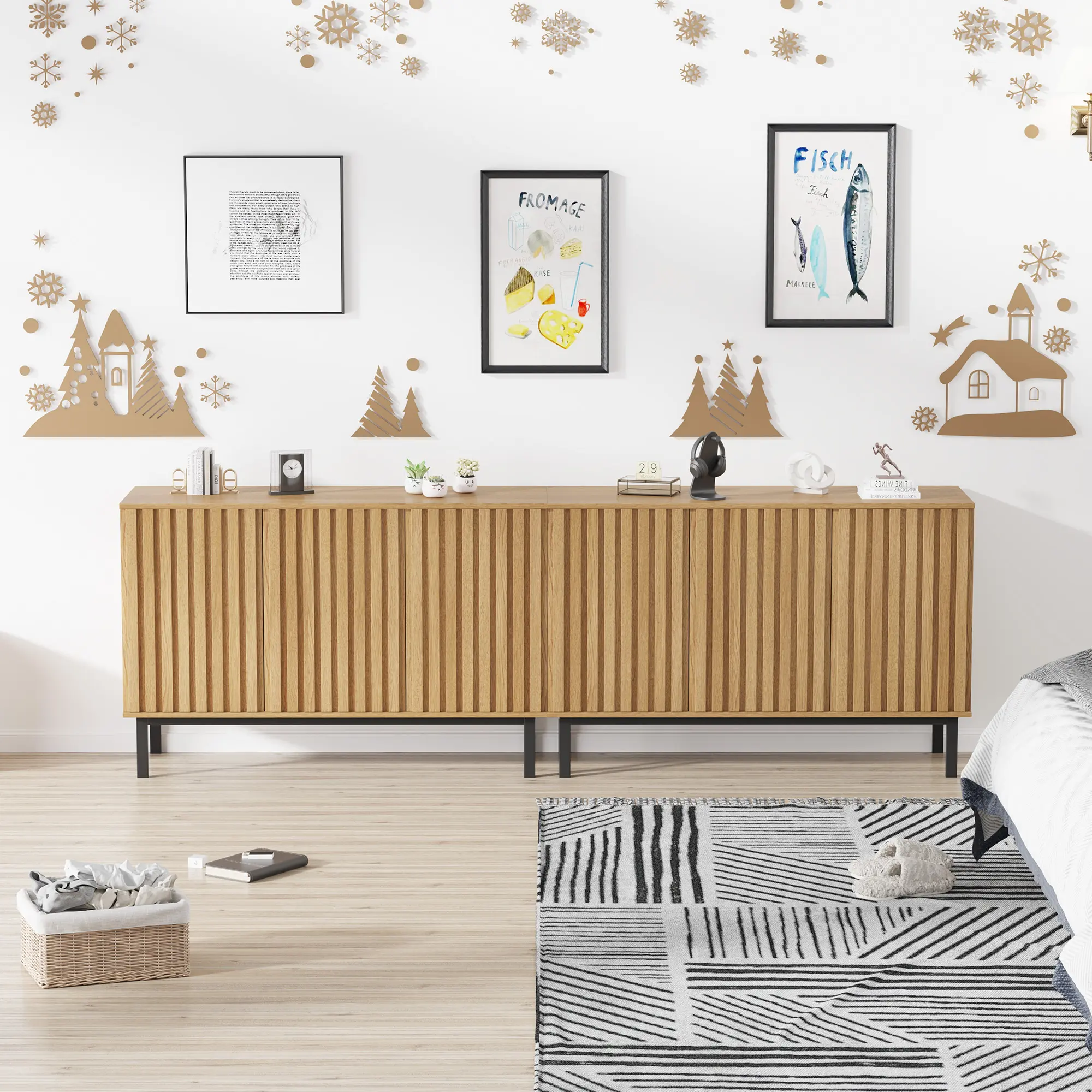 Modern Fluted Sideboard Buffet Cabinet, Freestanding Wooden Storage Console with 4 Doors & Adjustable Shelves, Multi-scene Credenza for Dining Room & Living Room