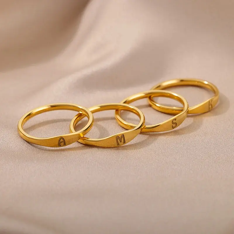 Gold Tone Initial Ring for Women, Minimalist Twisted Band with Engraved Letter, Stainless Steel Jewelry for Daily Wear, Female Ring