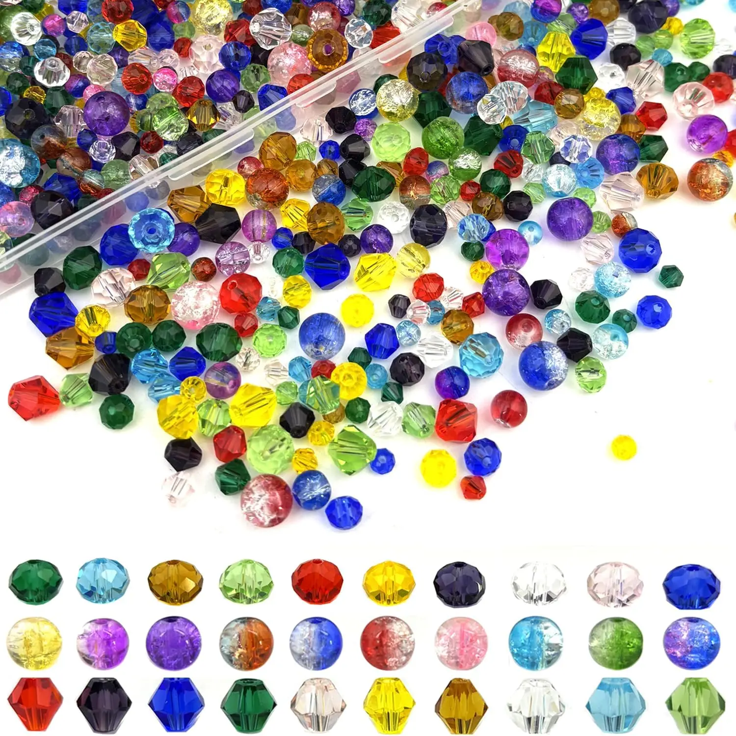 1000 count  Glass Beads for  Making - 3 Styles Bicone, Rondelle, Crackle Round,  Colorful Rainbow Craft Glass Beads, DIY Bracelet Necklace Earring Craft Kit with Organizer Box
