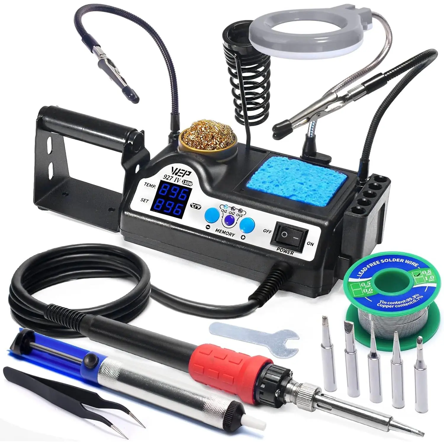 WEP 927-IV Soldering Station Kit High-110W with 3 Preset Channels, Sleep Mode, LED Magnifier, 5 Iron Tips, Tip Cleaner, 2 Helping Hands, Tip Slots, Lead-free Solder Wire, Tweezers