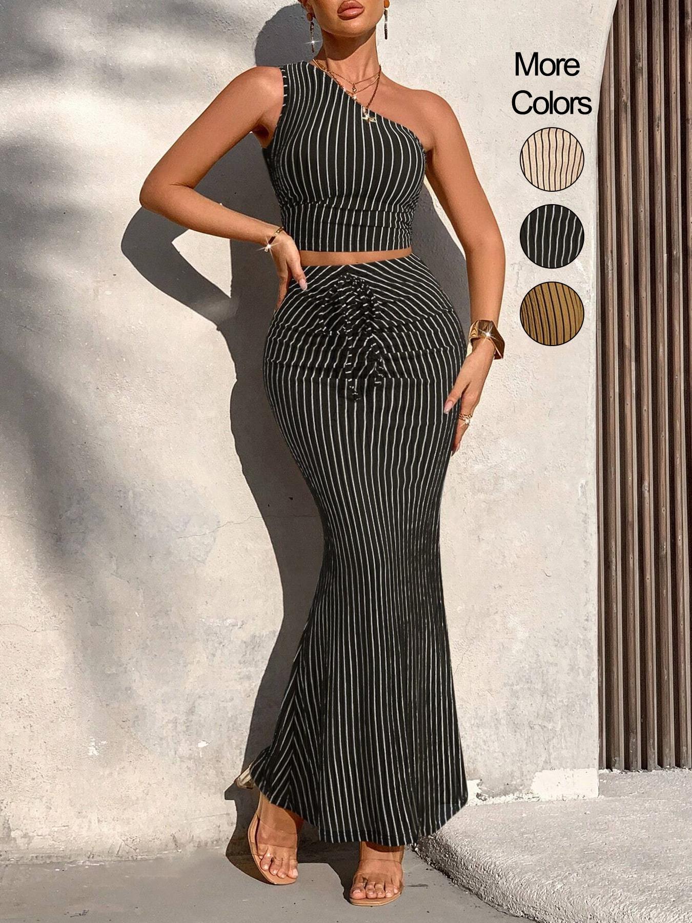 Women's Striped Print One Shoulder Crop Top & High Waist Skirt Set, Casual Fashion Cozy Two-piece Set for Daily Outdoor Wear, Women's Clothing for Summer, Lady Clothe, Womenswear, Sleeveless