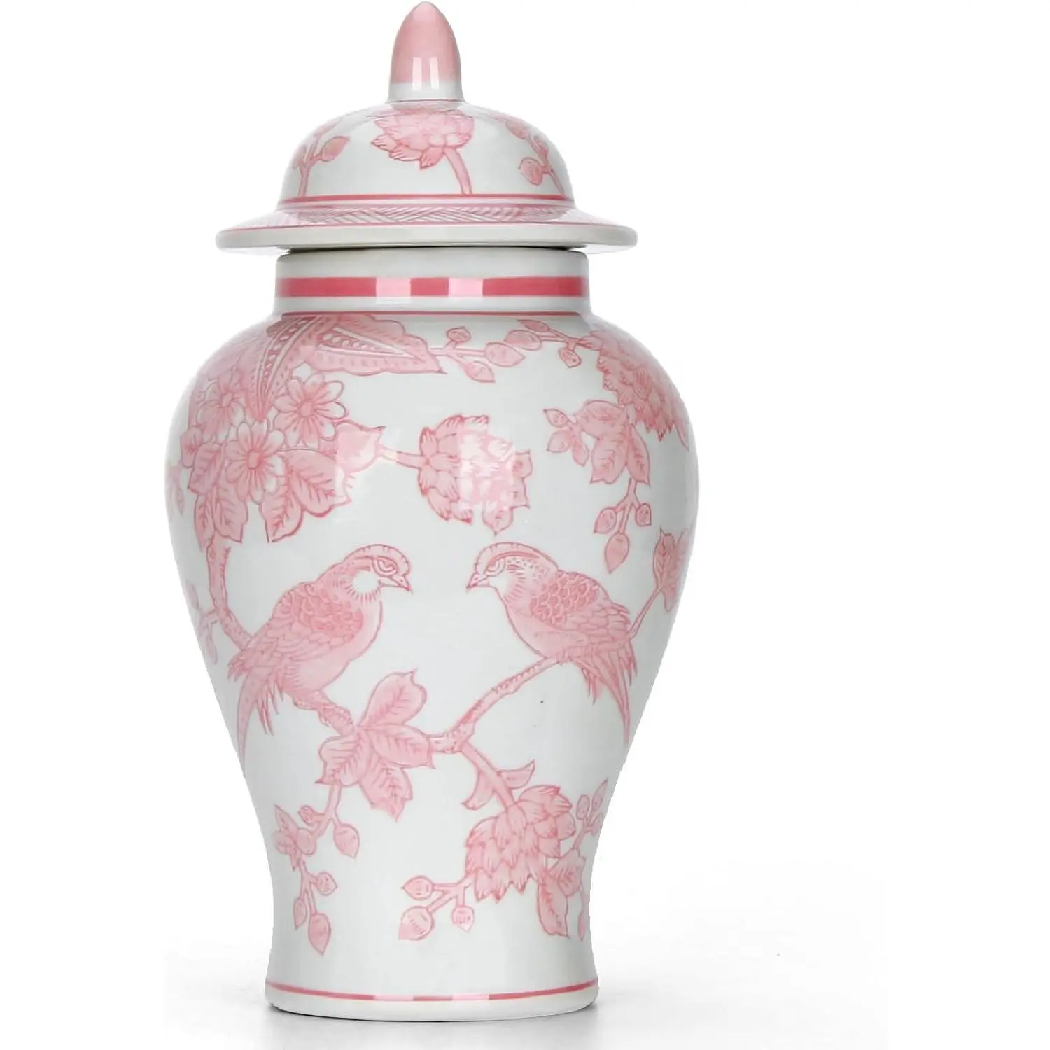 11" Pink Ginger Jar with Lid Porcelain Stylized Songbirds Floral Temple Jar | Chinoiserie Decor, Statement Home Accent, Mantel & Tabletop Display, Grandmillennial Home Decor, Holiday Decor, Gift Ready
