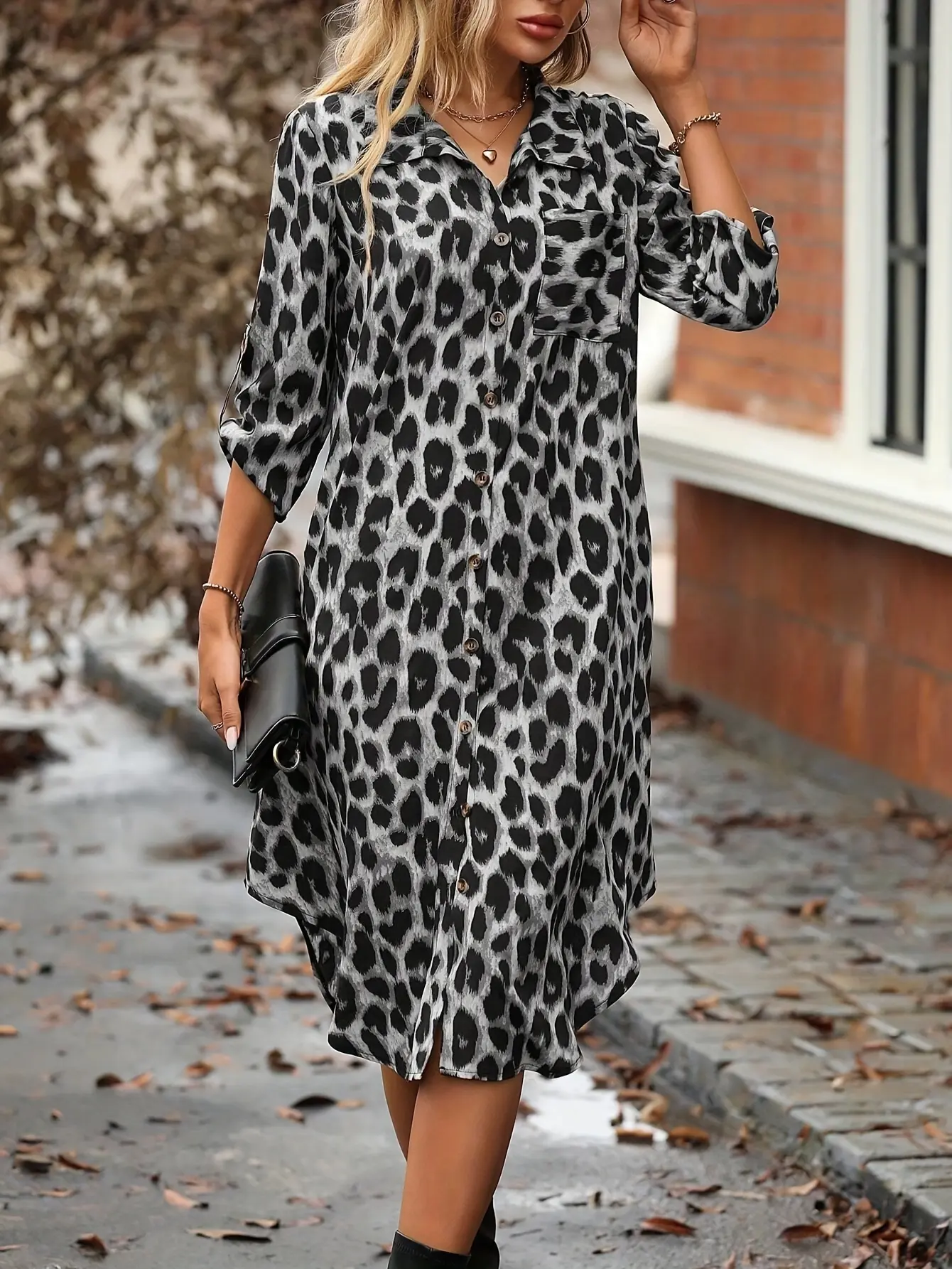 custom,engagement,gown,bridesmaid,dresses,black,tie,wedding,guest,Floral,Lace,Mini,Sheer,Long,Sleeve,Cocktail,A Leopard Print Button-Up Shirt Dress, Elegant Women'S Wear