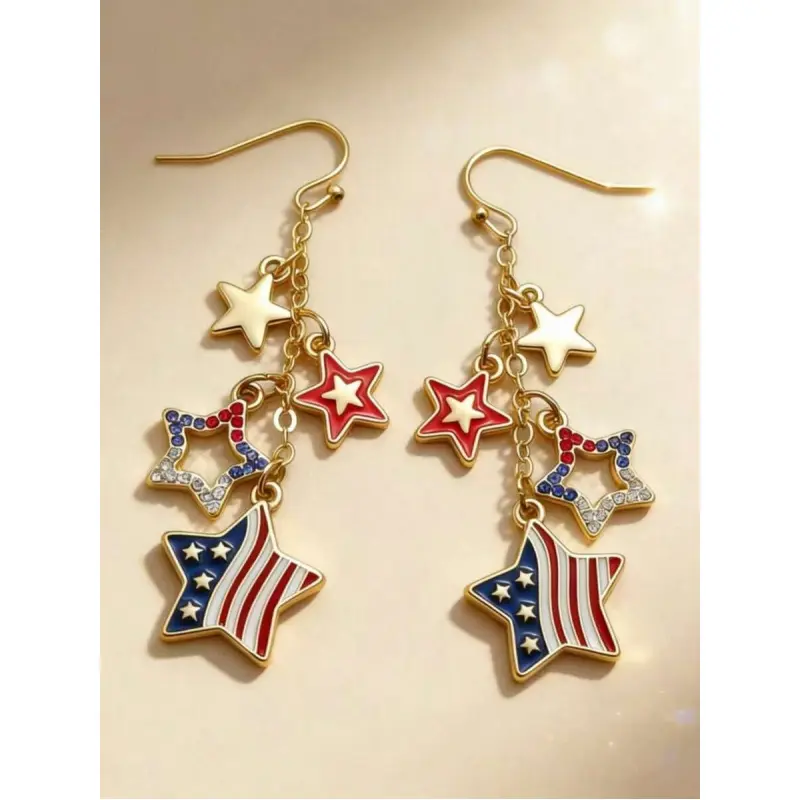 Women's Alloy Multi-Piece Earrings - 1 Pair Elegant Stylish Star & American Flag Design with Oil Drop Rhinestones, Tassels - Ideal for Daily Wear, Parties - Independence Day 4th of July Finds Female Creative Jewelry Gift