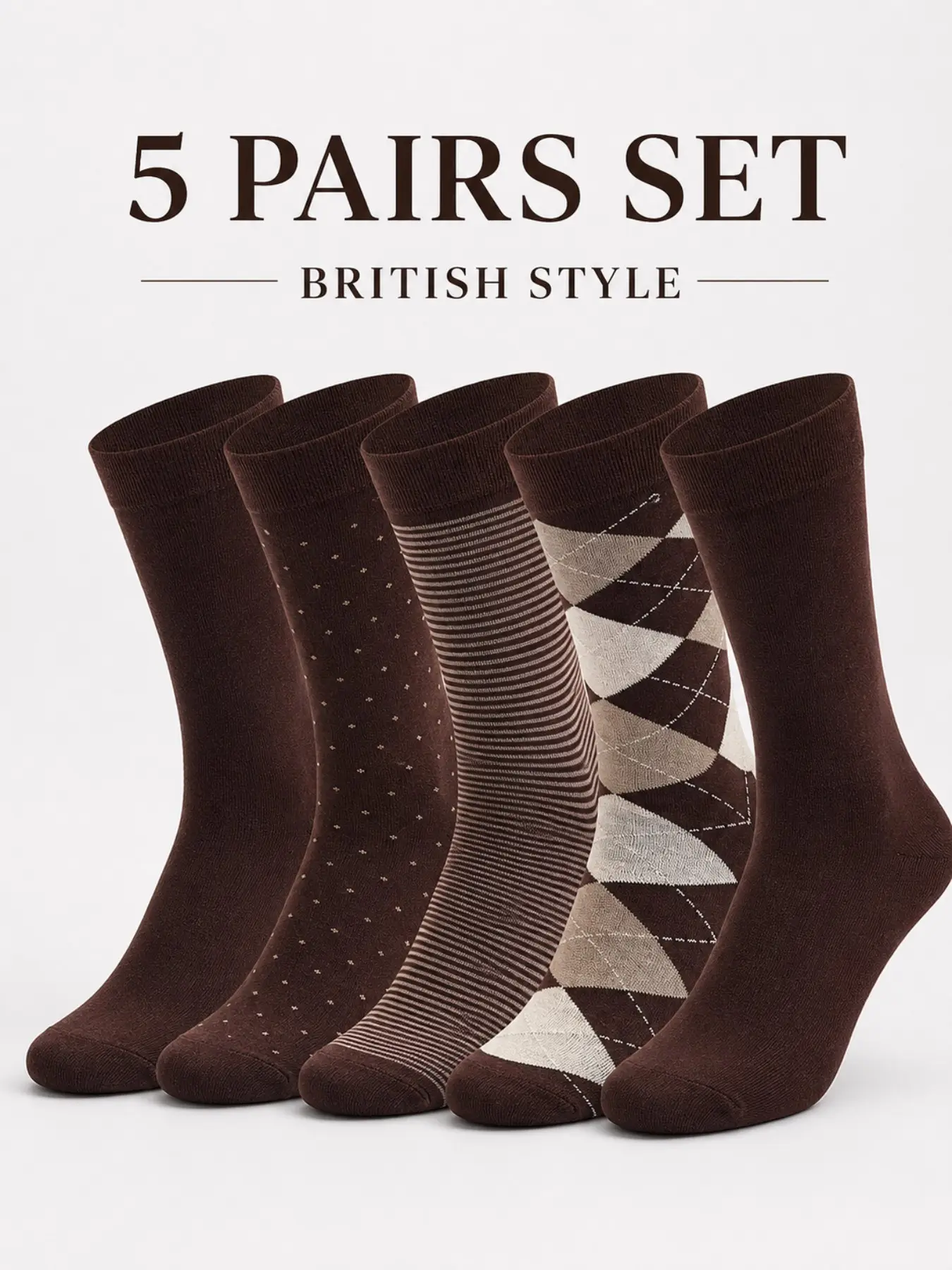 Men's Crew Socks 5 Pairs Set, British Style Dress Socks, Classic Argyle Stripe Pattern Socks for Men, Business Office Casual Socks, Stylish Everyday Wear Gift Idea