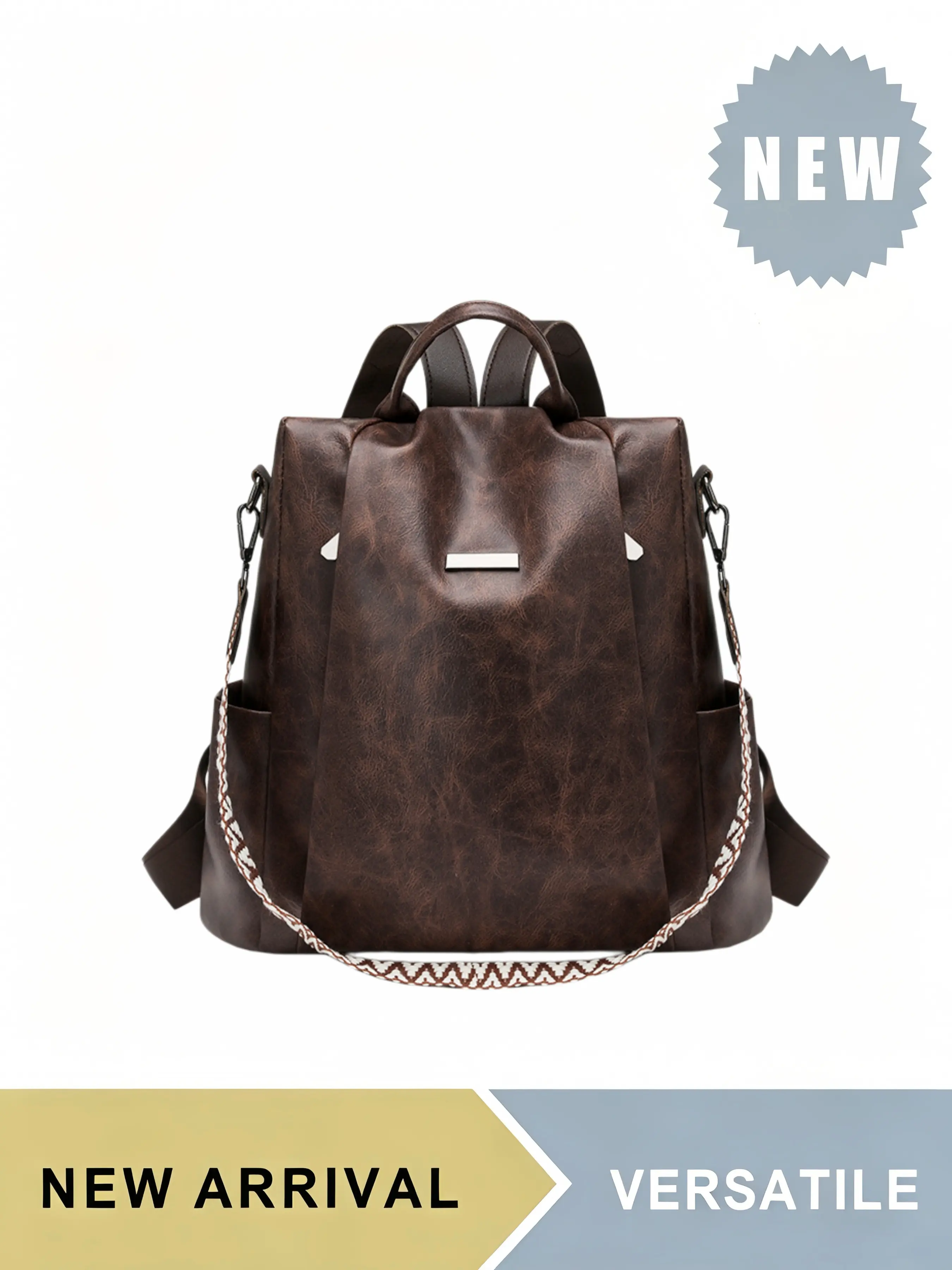 Women's Anti-Theft PU Leather Backpack, Boho Style Backpack, 3-Way Convertible Shoulder Bag with Boho Woven Strap, Large Capacity Fits 14-inch Laptop, Multi-Compartment with Side Pockets, Waterproof Durable, Perfect for Commute, Backpack for Work