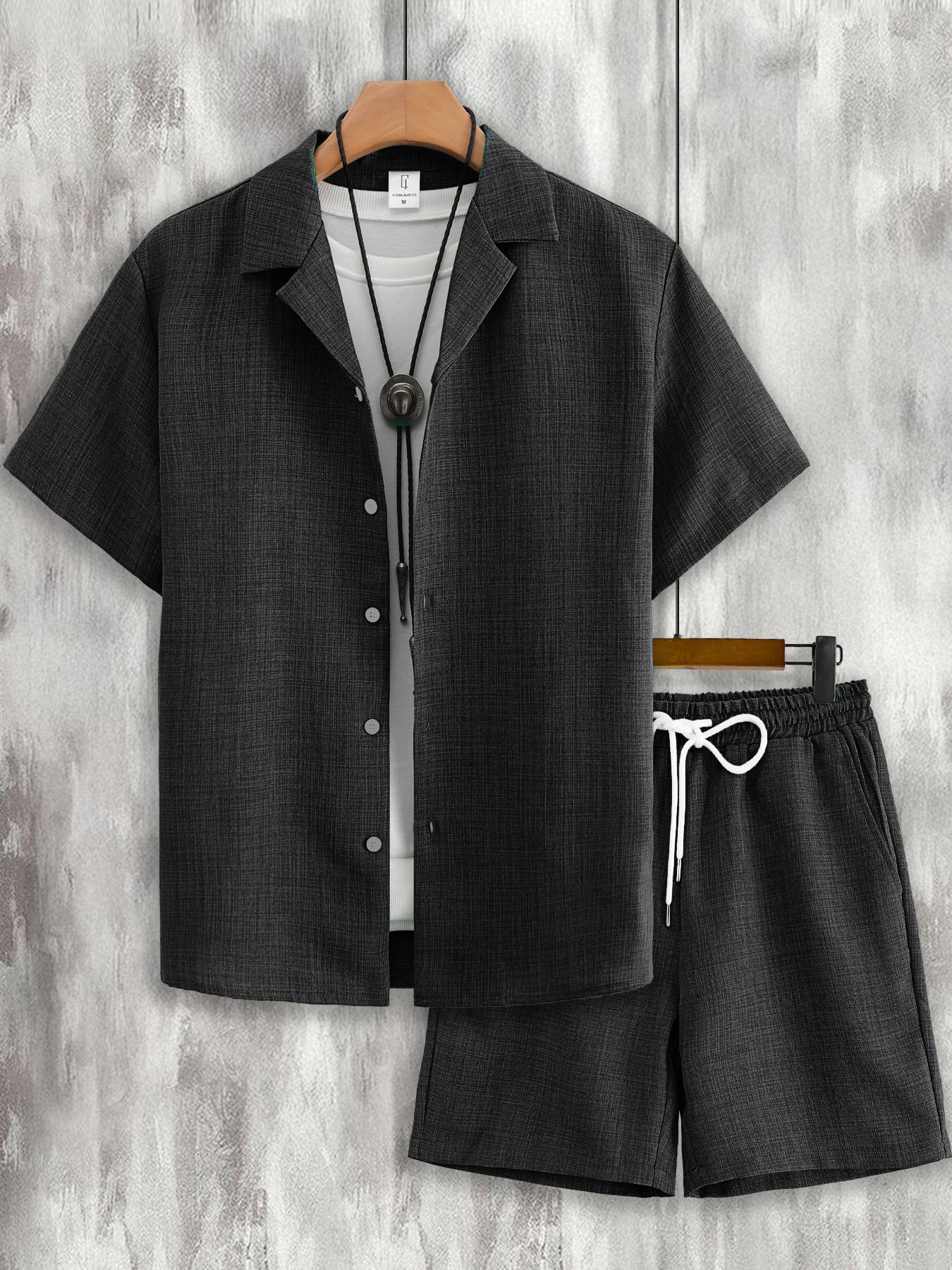 Men's Button Front Shirt & Drawstring Waist Shorts Loungewear, Casual Comfy Short Sleeve Top & Shorts Set, Men's Loungewear for Summer, Menswear, Relaxed Fit Loungewear, Shorts Pajama