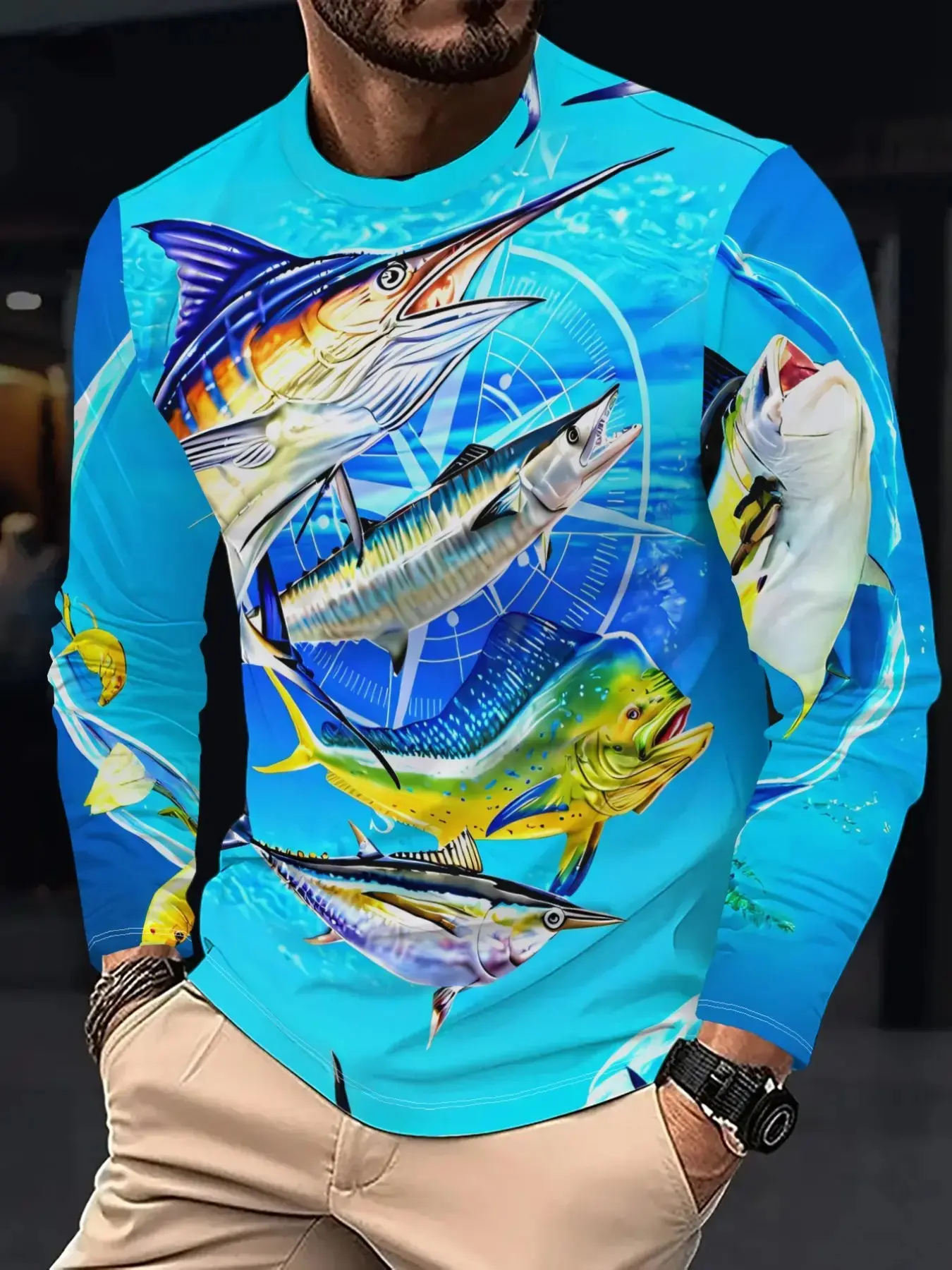 Men's Round Neck Long Sleeve T-Shirts, Ocean Marlin Tuna Wave Compass Print, Breathable Sun Protection, Outdoor Fishing Top, Beach Casual Wear