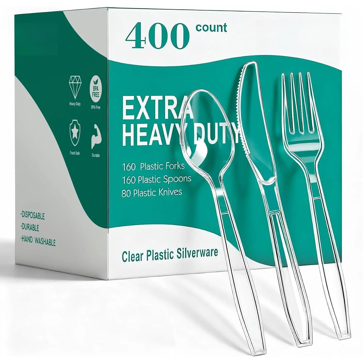 400 Count Clear Plastic Silverware, Extra Heavy Duty Plastic Utensils Set Includes 160 Forks, 160 Spoons and 80 ,  and Heat Resistant Disposable Cutlery for Party and Daily Use