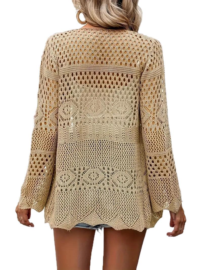 Women's Solid Color Hollow Out Tie Front Crochet Cardigan, Casual Long Sleeve Knitwear for Summer, Fashion Women's Knit Clothing for Daily Wear, Knitting, Summer Cardigan Women, Beach Cover Up, Lightweight Knit Top, Boho Crochet Sweater, Vacation Outfit