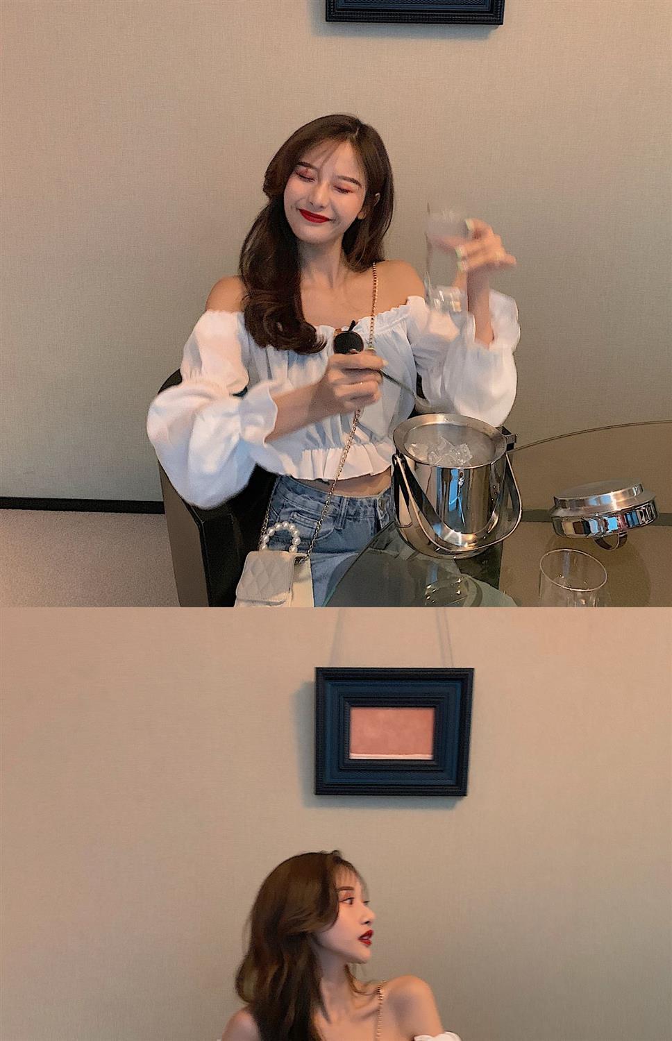 Women Top Sexy Blouse Off Shoulder Top Long Sleeve Club Party White Shirt Puff Sleeve Ruffle Crop Top Summer Tube Top