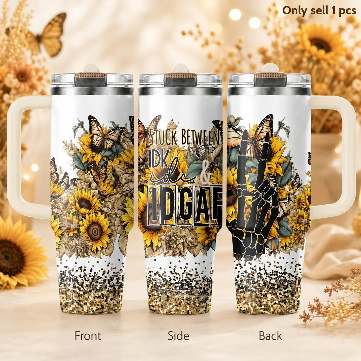 IDGAF Sunflower 40oz Tumbler – Funny Rustic Stainless Steel Insulated Travel Cup with Handle & Straw Lid for Coffee, Water, Office, Gym, Car Cup Holder, Sassy Gift for Women