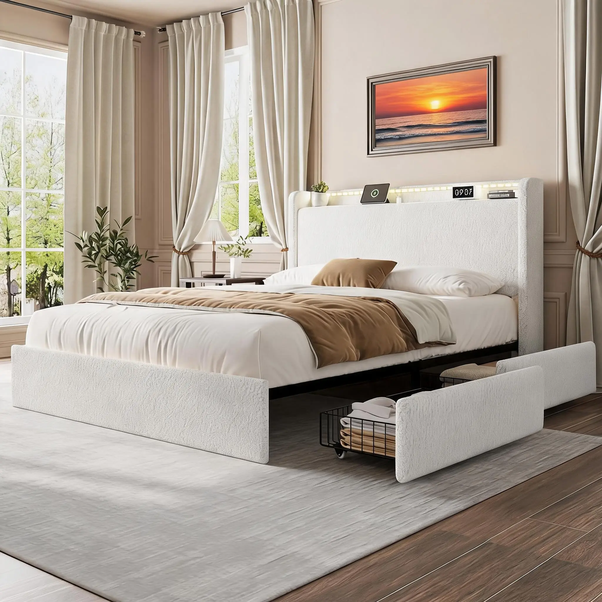 Queen/Full - Beige/White Boucle Upholstered Bed with Storage Headboard, 4 Drawers, LED & USB Charging, No Box Spring