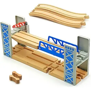 Lift Bridge Wooden Crane Toy Set with Train Cars - Compatible with Major Wooden Rail Brands - Ages 3-5